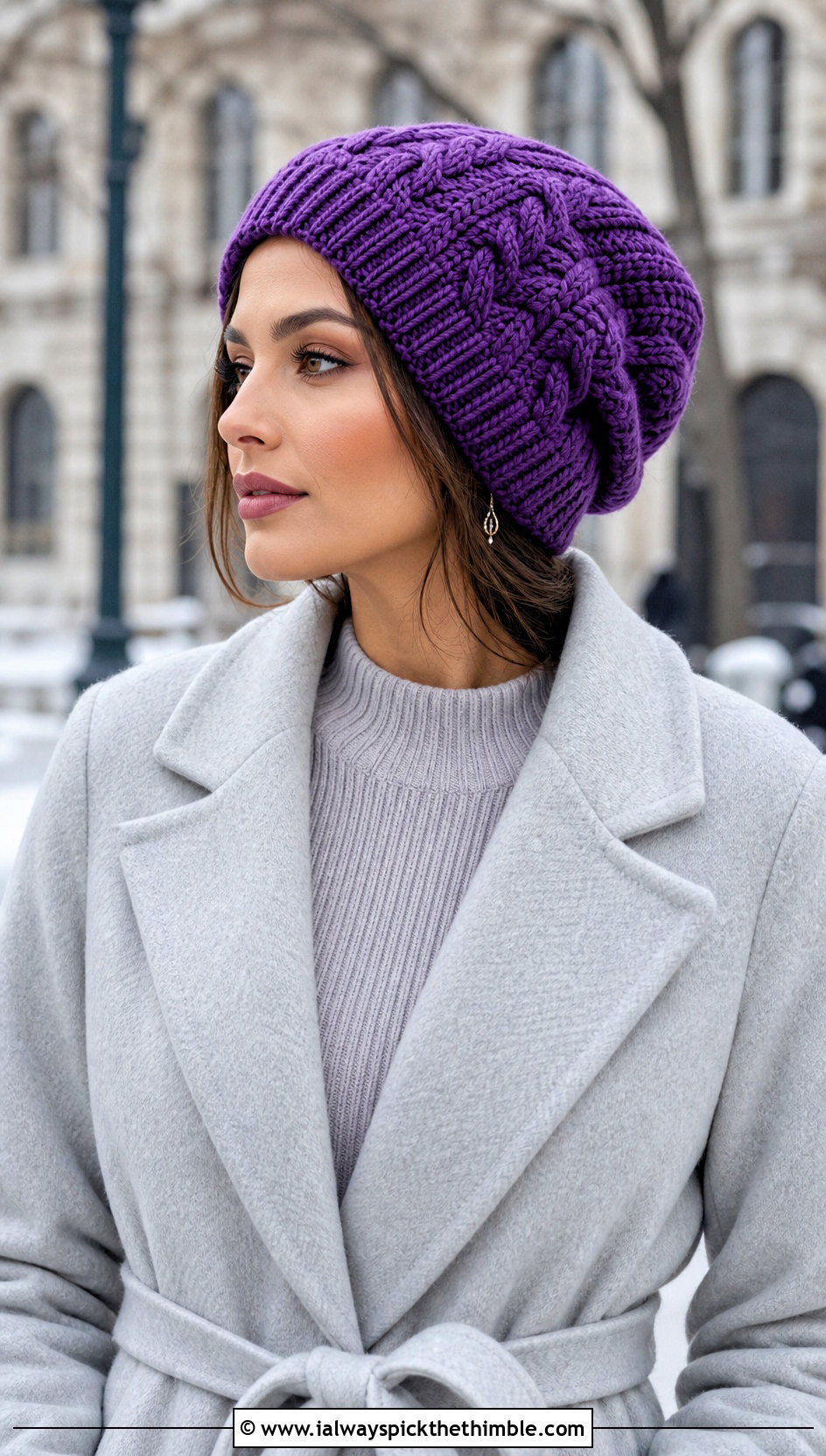 Cable Stitch Crochet Slouch Beanie With Sweater Dress - 25 crochet slouch beanie outfit ideas