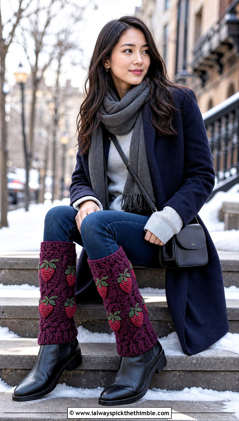 Cable Stitch Crochet Strawberry Leg Warmers With Wool Coat - 15 Crochet Strawberry Leg Warmers outfit ideas
