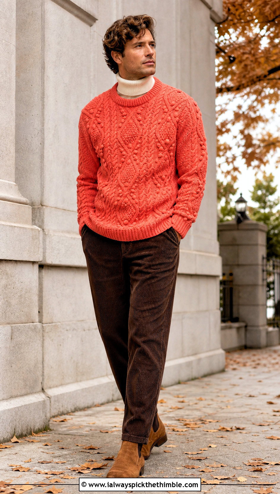 Cable Stitch Crochet Sweater With Corduroy Pants - 25 crochet sweater for men outfit ideas