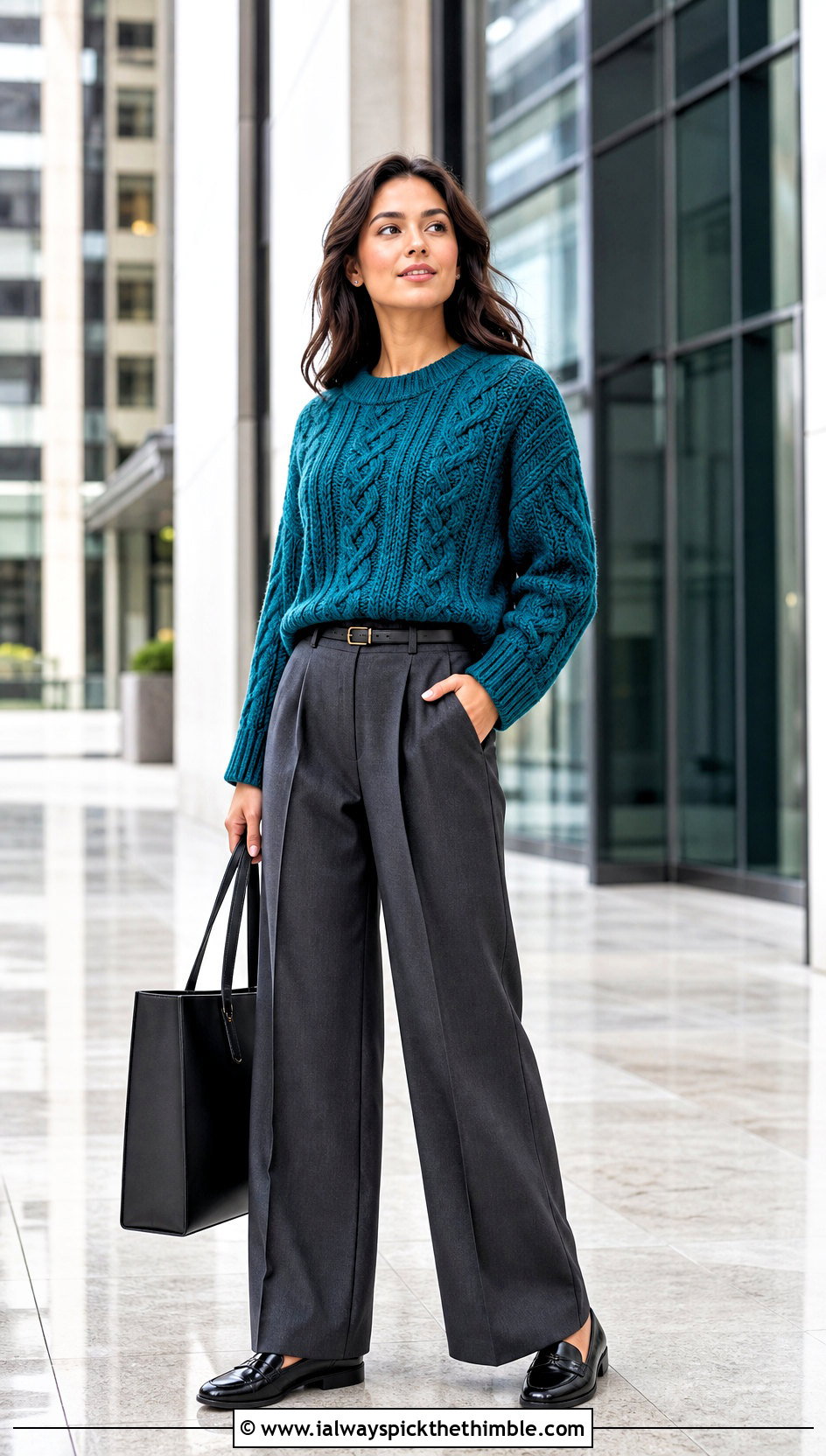 Cable Stitch Crochet Sweater With Tailored Trousers - 15 Crochet Sweater Aesthetic outfit ideas