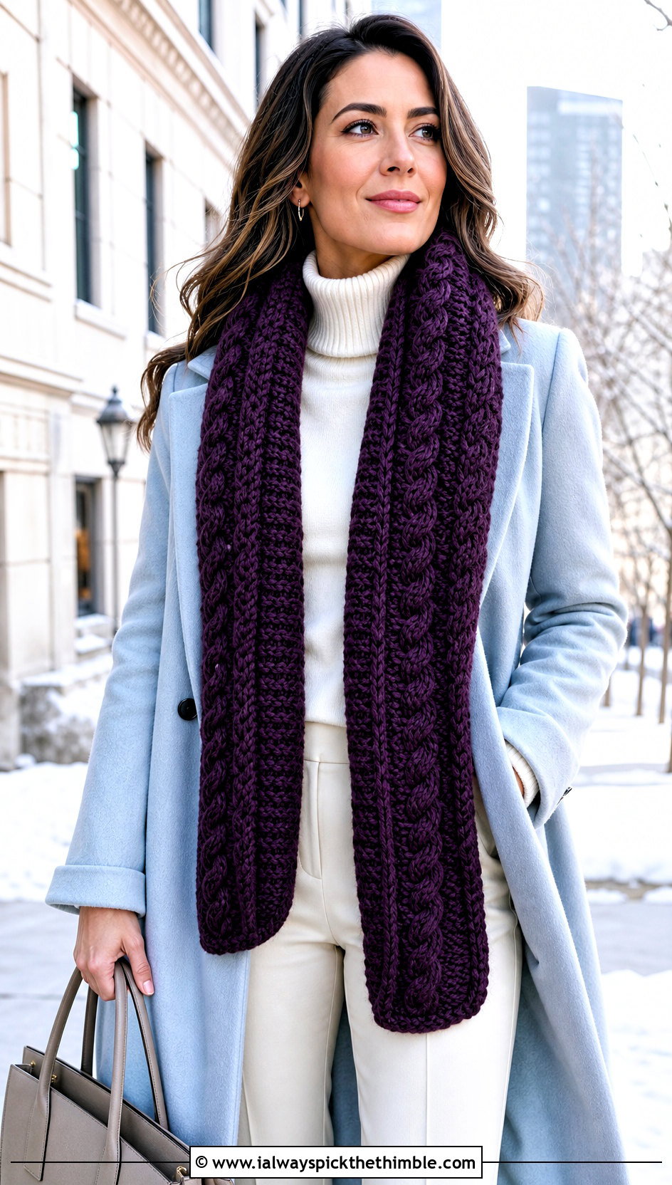 Cable Stitch Crochet Textured Scarf With Wool Coat - 20 Crochet Textured Scarf outfit ideas