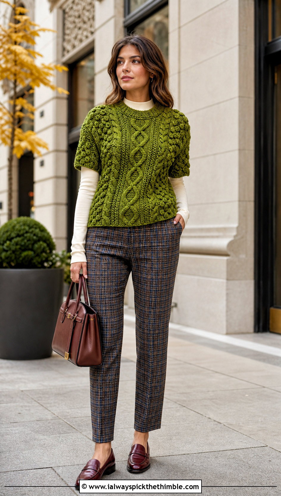 Cable Stitch Crochet Top With Plaid Trousers - 25 crochet tops outfit ideas