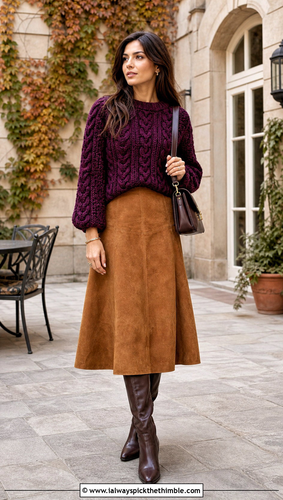 Cable Stitch Crochet Top With Suede Midi Skirt - 20 Crochet Tops For Fall outfit ideas