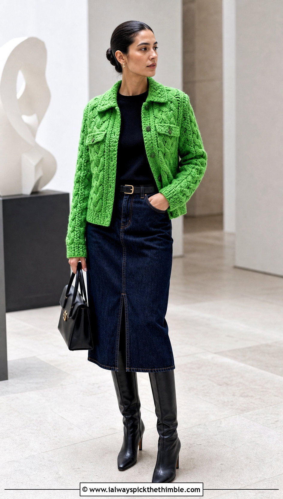 Cable Stitch Crochet Trucker Jacket With Denim Midi Skirt - 20 crochet winter jacket outfit ideas