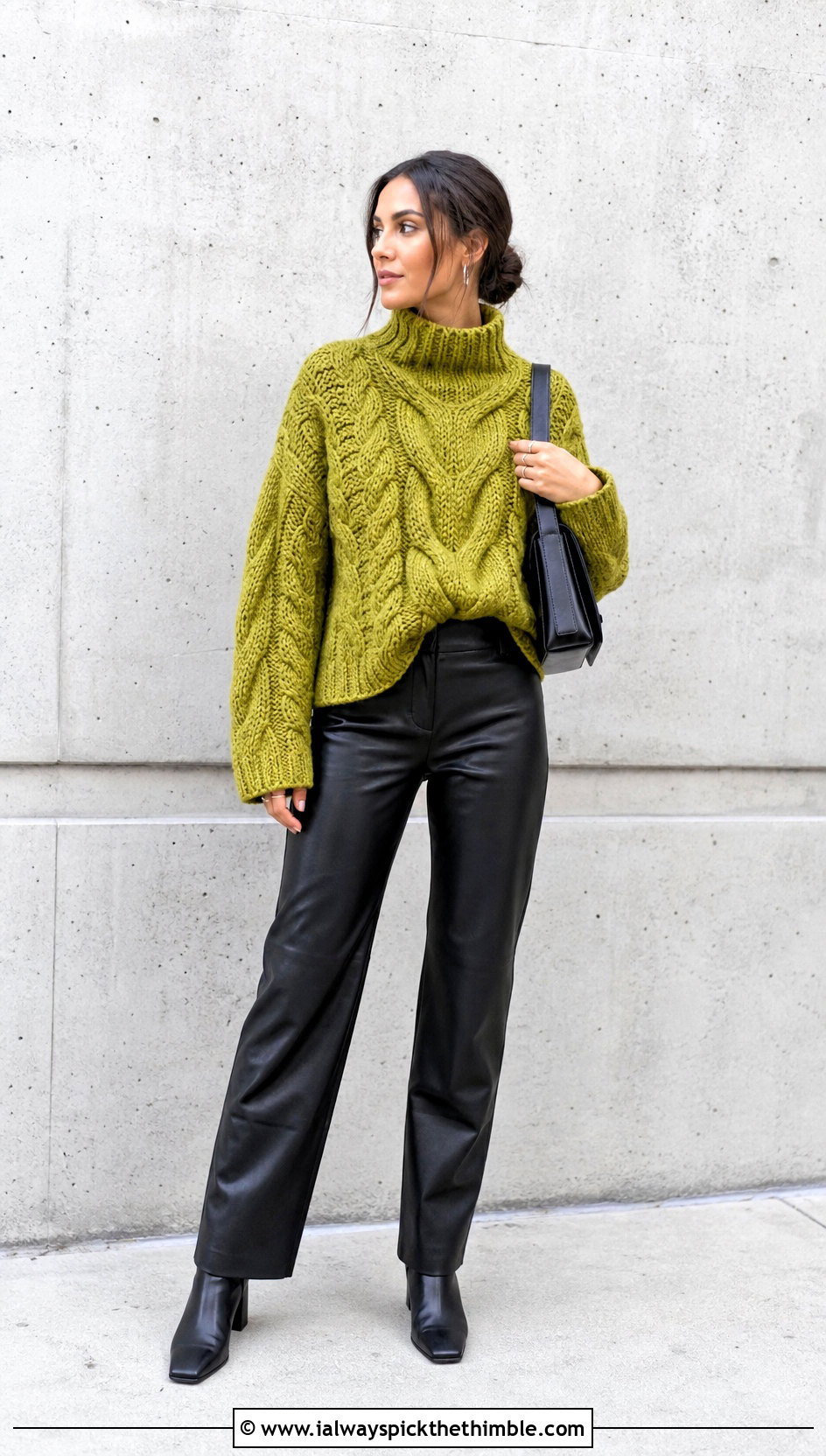 Cable Stitch Crochet Turtle Neck Sweater With Leather Pants - 25 crochet turtle neck sweater outfit ideas
