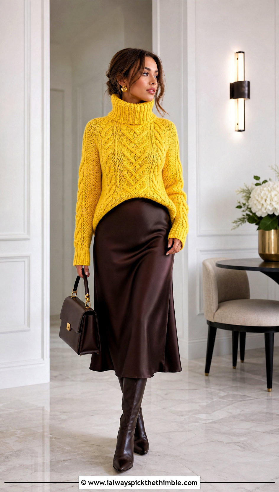 Cable Stitch Crochet Turtleneck Sweater With Satin Skirt - 20 crochet winter sweater outfit ideas