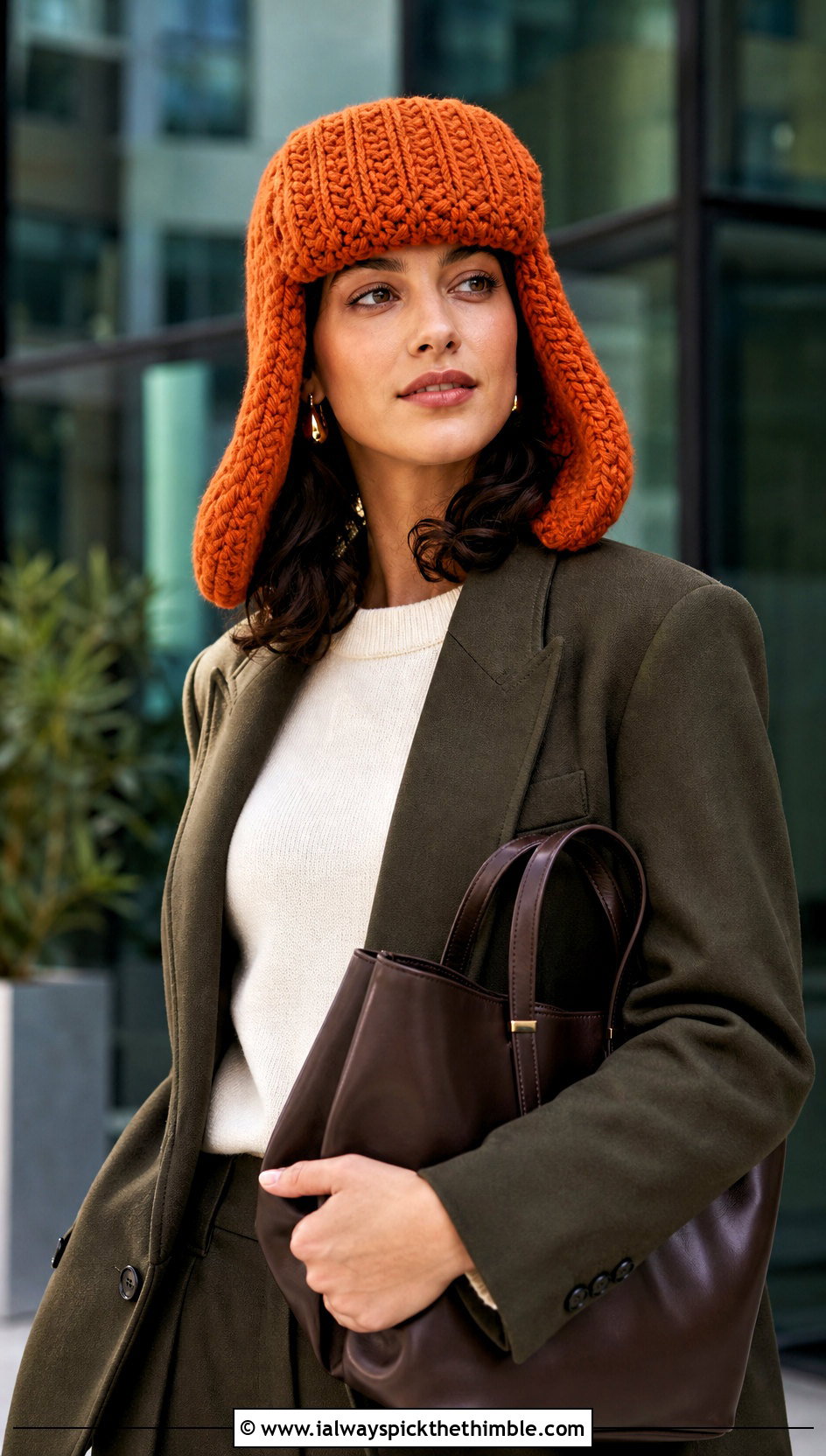 Cable Stitch Crochet Ushanka With Tailored Suit - 25 crochet russian hat outfit ideas