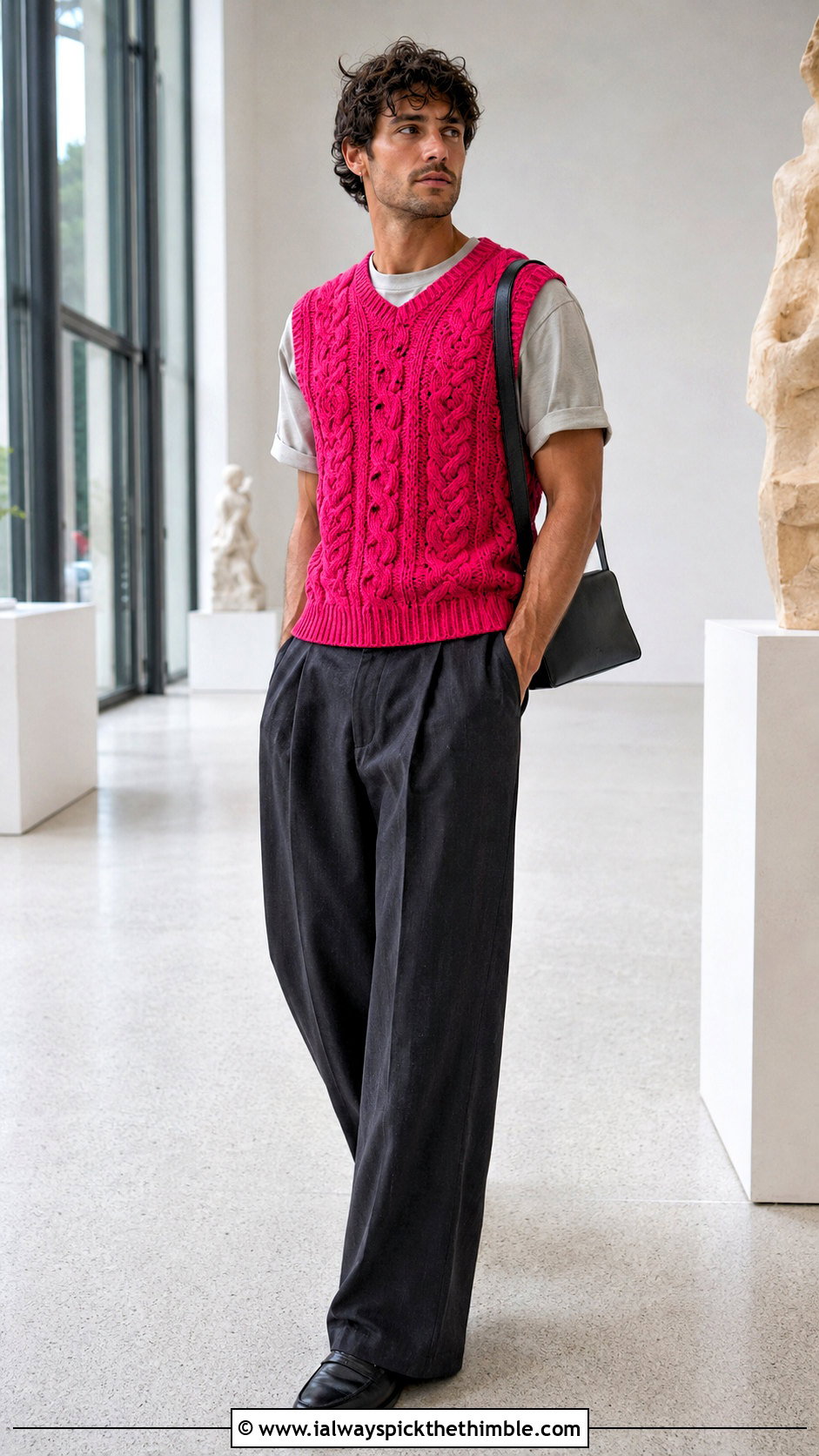 Cable Stitch Crochet Vest With Wide Leg Trousers - 25 crochet top men outfit ideas