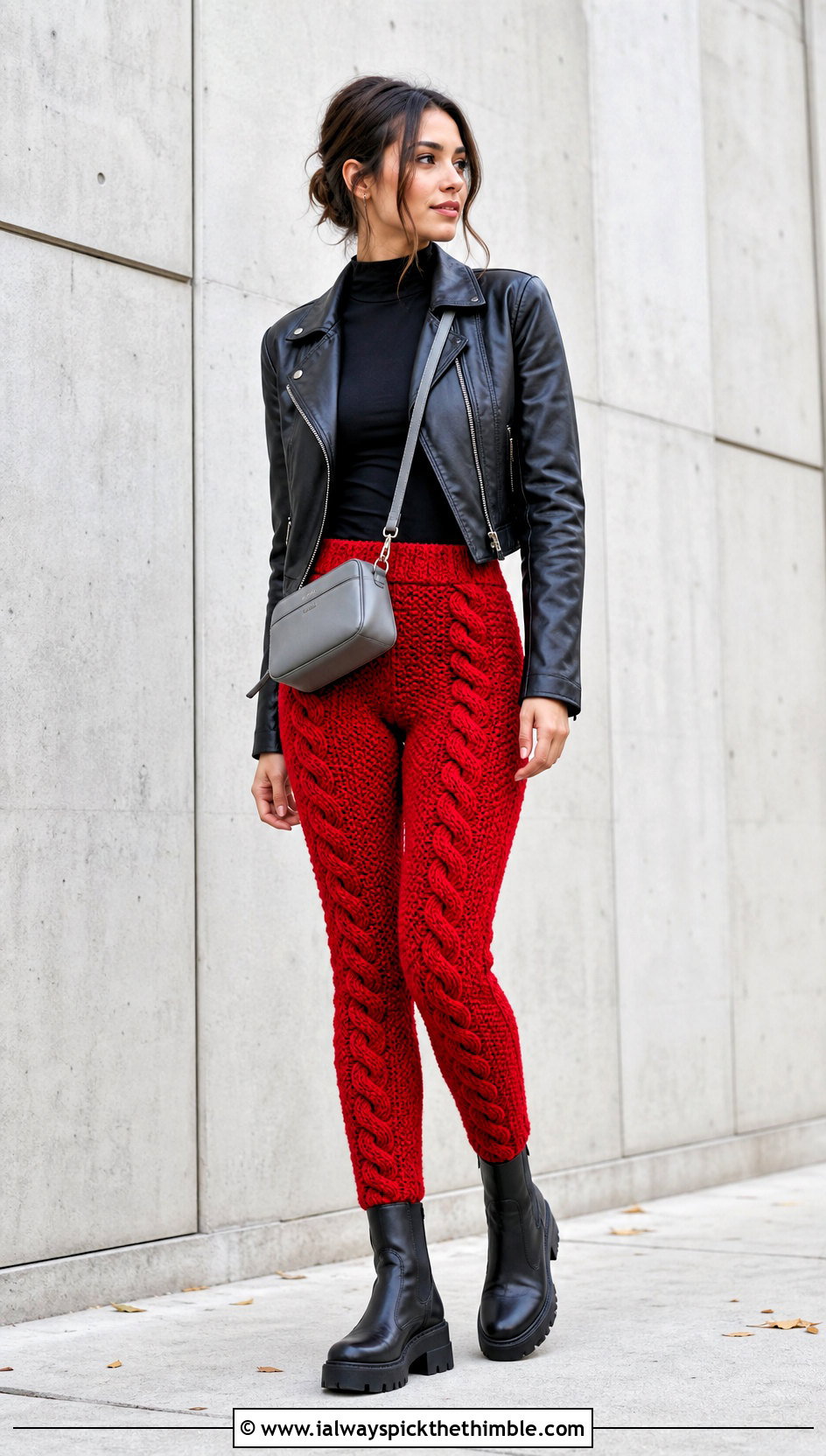 Cable Stitch Crocheted Leggings With Leather Jacket - 20 Crocheted Leggings outfit ideas