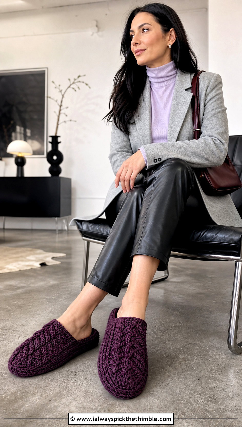 Cable Stitch Crocheted Slippers With Leather Pants - 20 ladies crocheted slippers outfit ideas