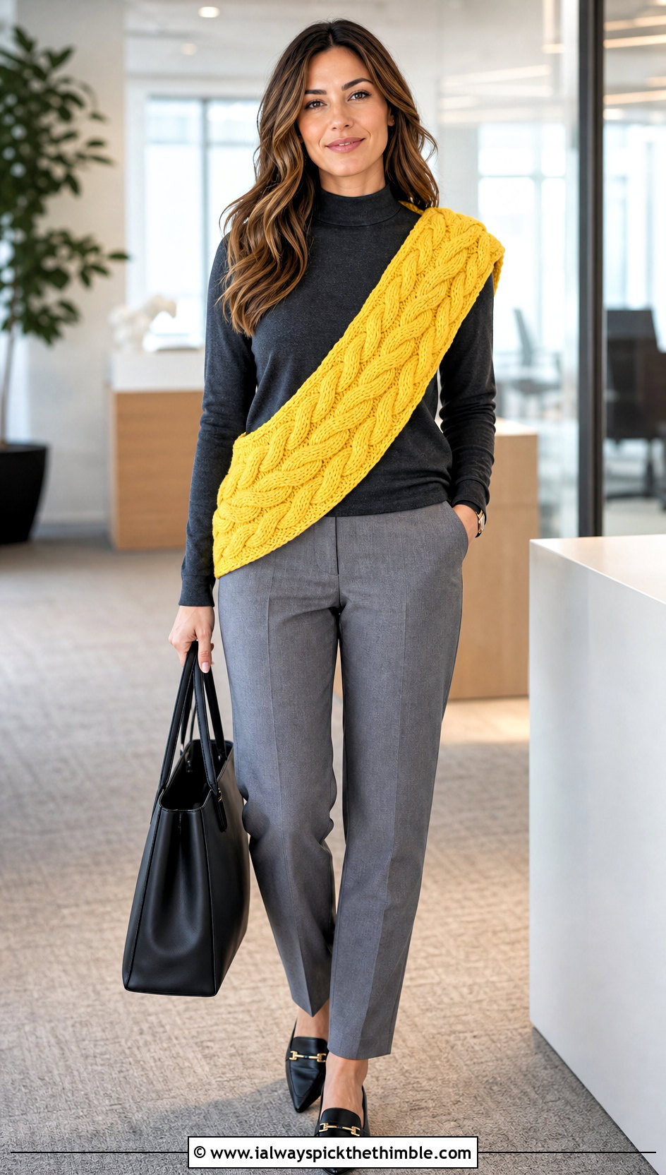 Cable Stitch Crossbody Crochet Cowl With Tailored Trousers - 15 Crossbody Crochet Cowl outfit ideas