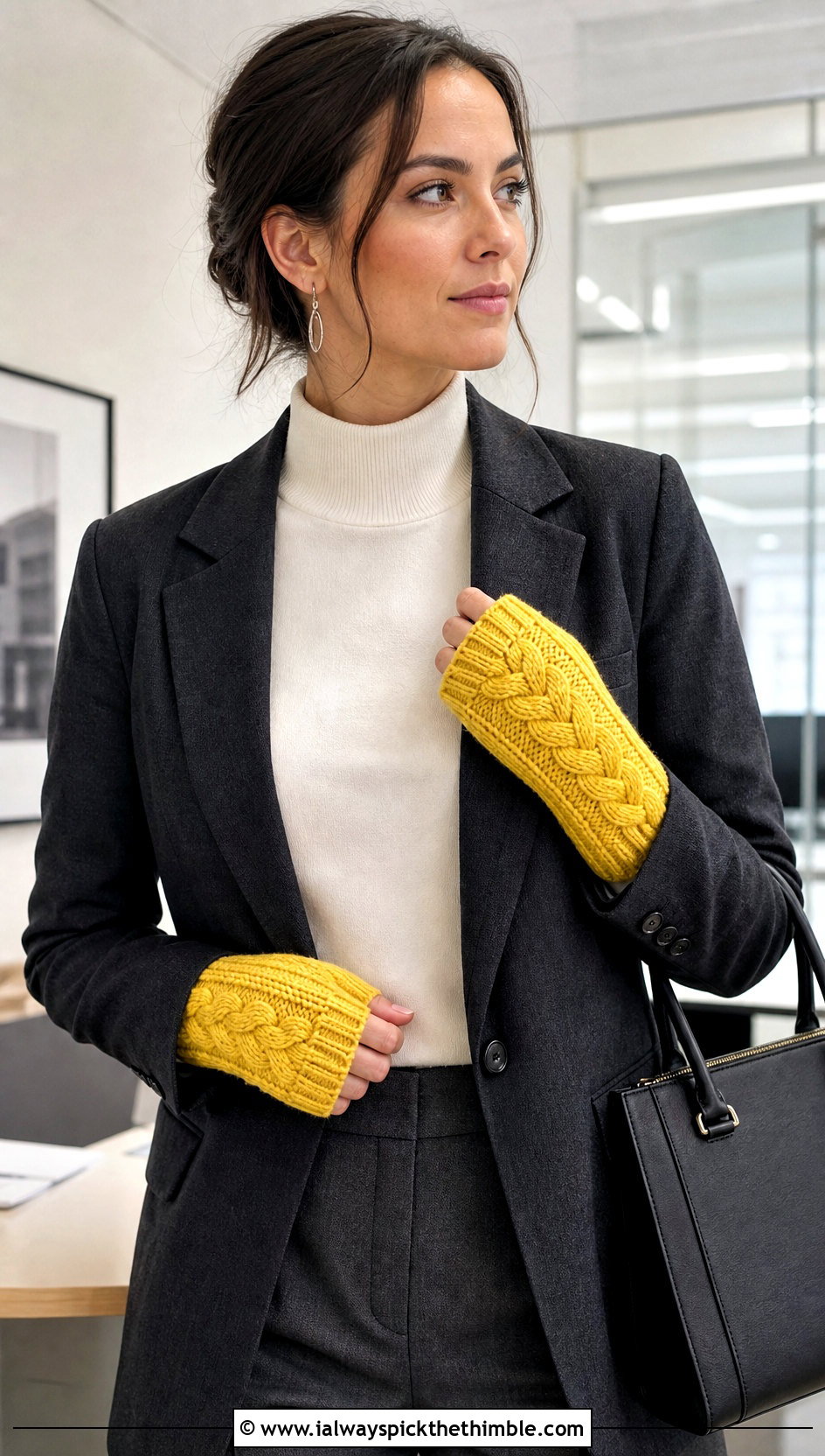 Cable Stitch DK Yarn Crochet Fingerless Gloves With Blazer And Trousers - 20 dk yarn crochet fingerless gloves outfit ideas