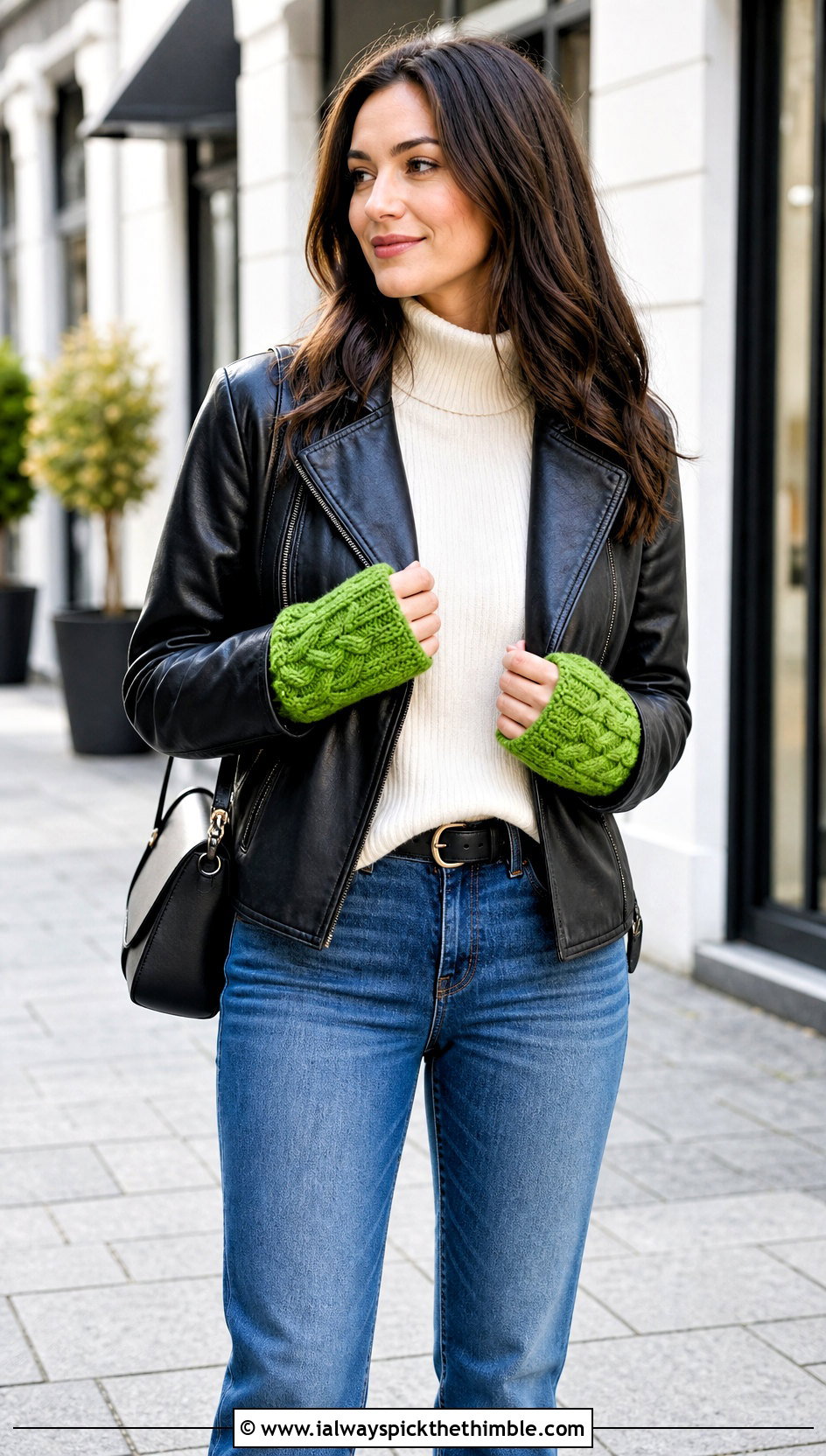 Cable Stitch Fingerless Gloves With Leather Jacket - 25 crochet hand gloves outfit ideas