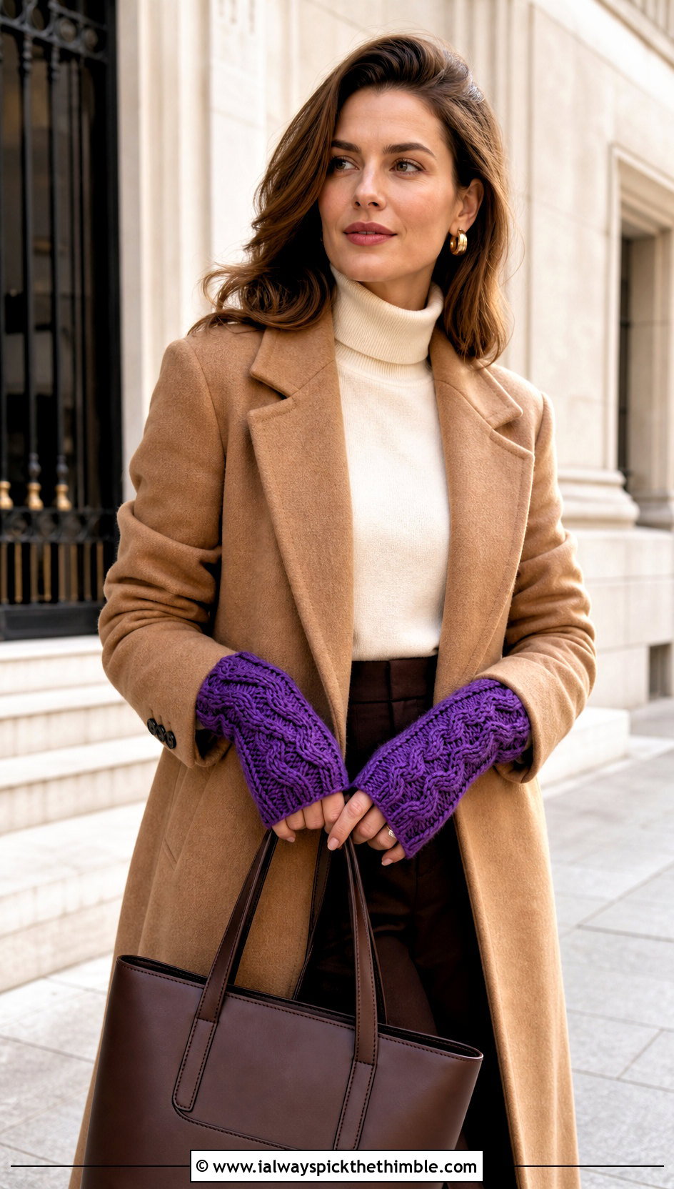 Cable Stitch Fingerless Gloves With Wool Coat And Trousers - 15 crochet finger gloves outfit ideas