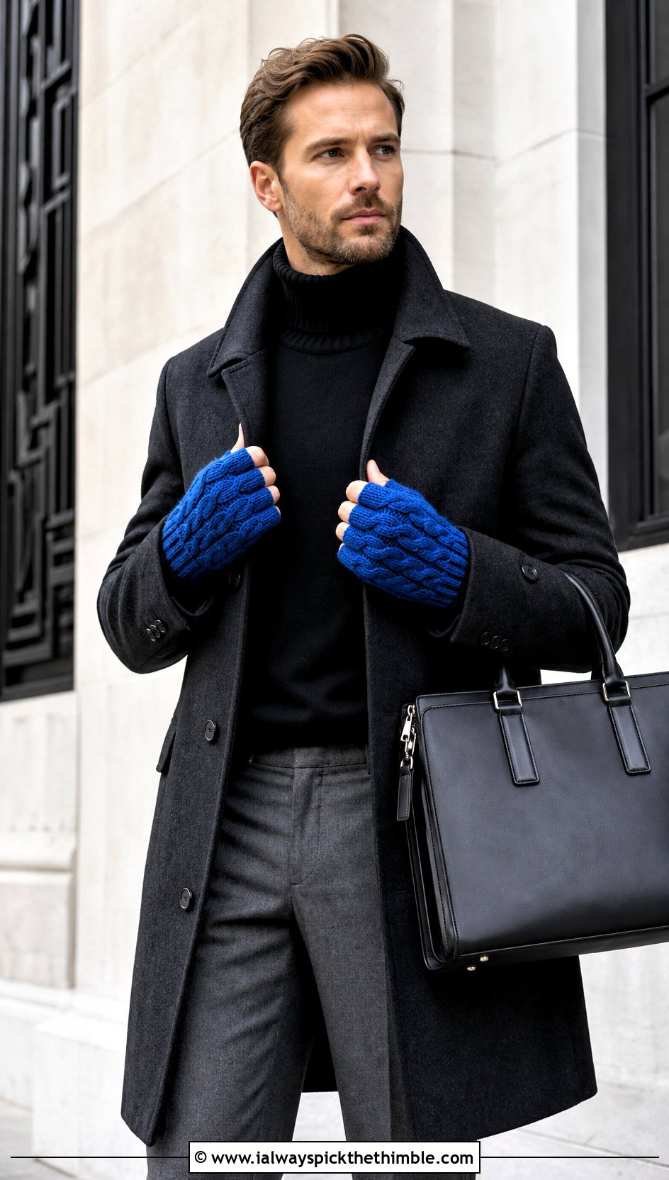 Cable Stitch Fingerless Gloves With Wool Overcoat - 20 Crochet Mens Gloves outfit ideas