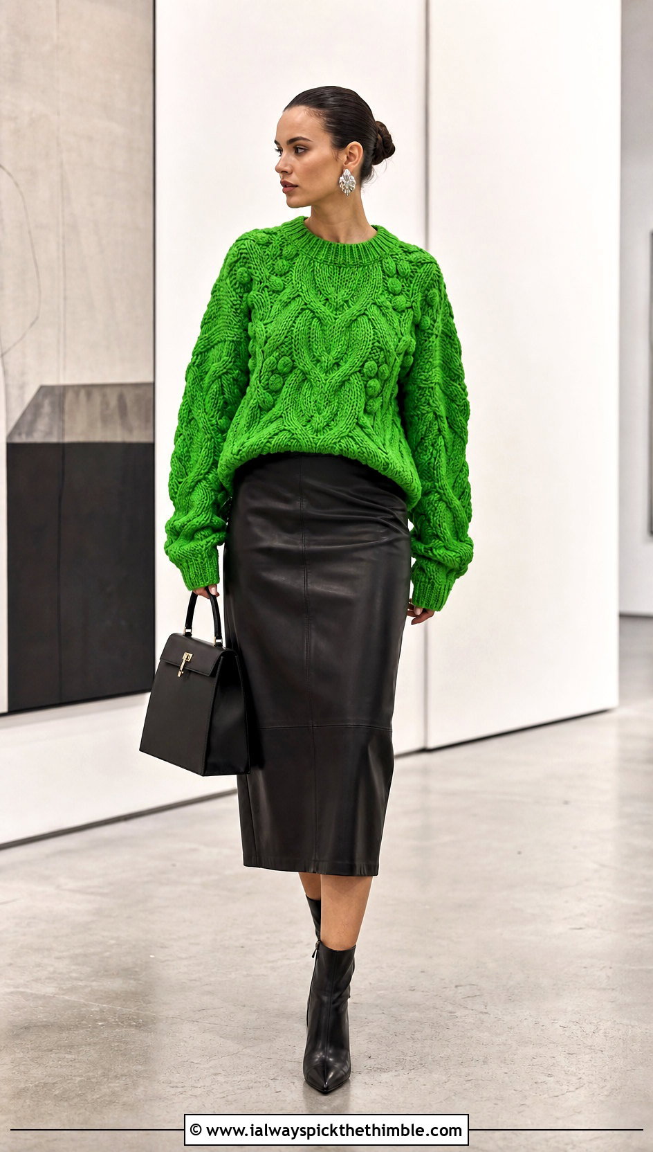 Cable Stitch Grandpa Crochet Sweater With Leather Midi Skirt - 15 Grandpa Crochet Sweater outfit ideas