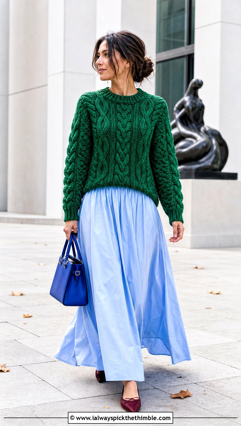 Cable Stitch Green Crochet Sweater With Maxi Skirt - 25 green crochet sweater outfit ideas