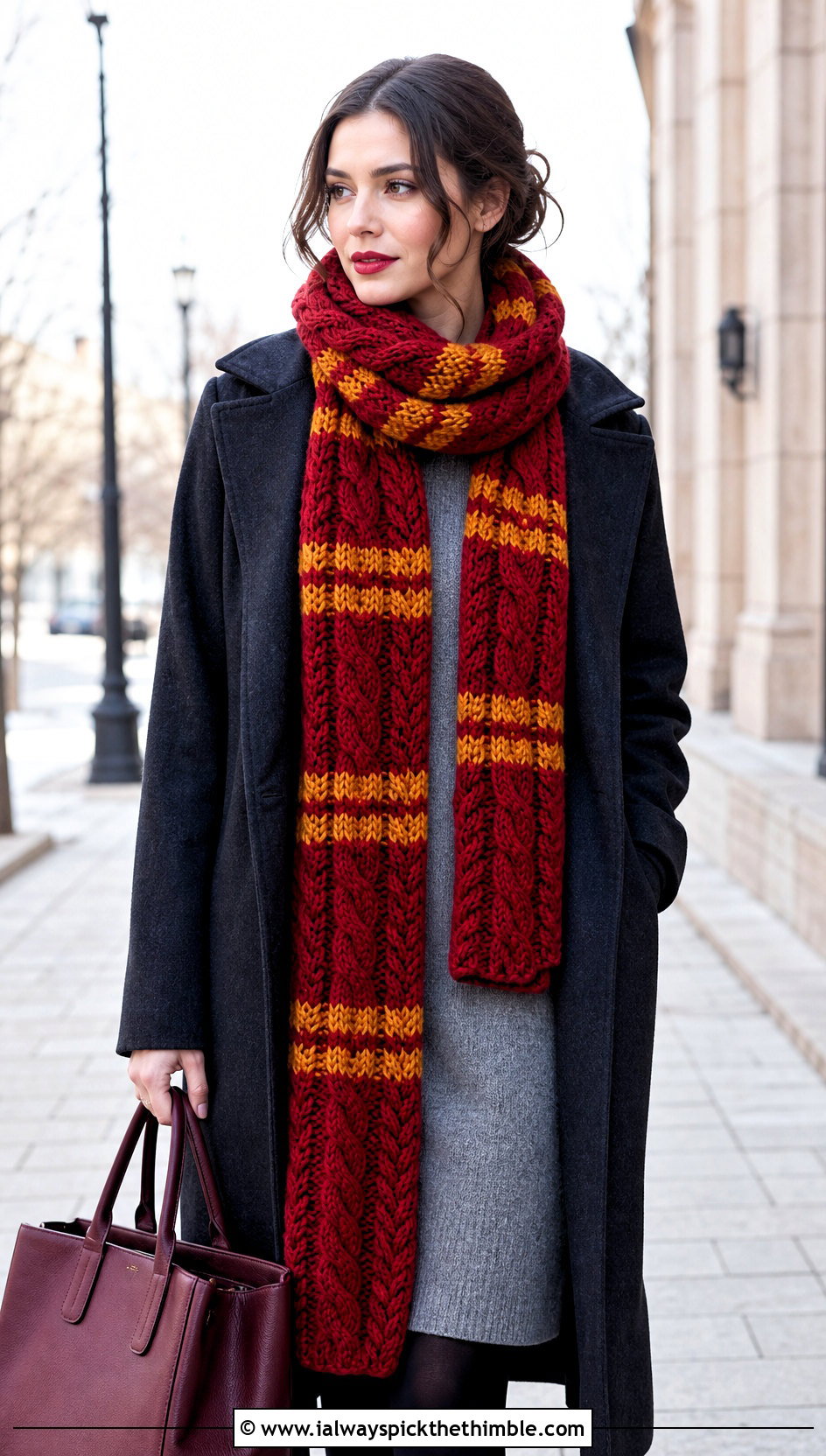 Cable Stitch Gryffindor Crochet Scarf With Sweater Dress - 20 gryffindor crochet scarf outfit ideas