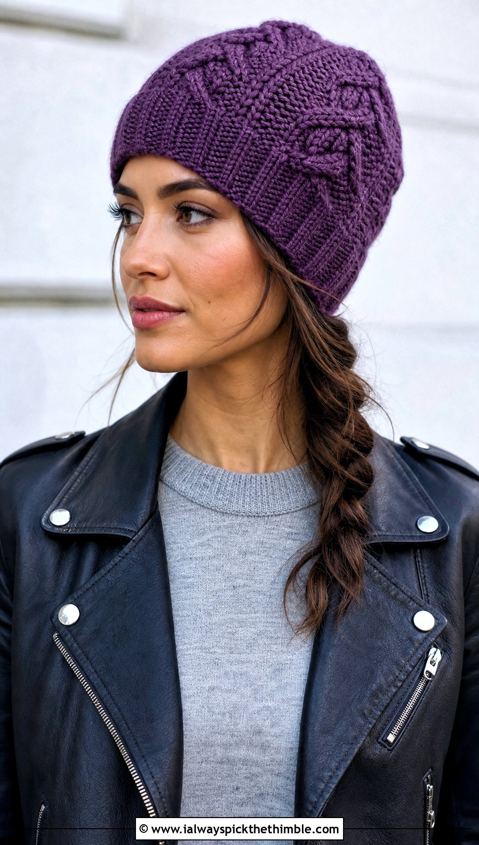 Cable Stitch Highland Crochet Beanie With Leather Jacket - 15 highland crochet beanie outfit ideas