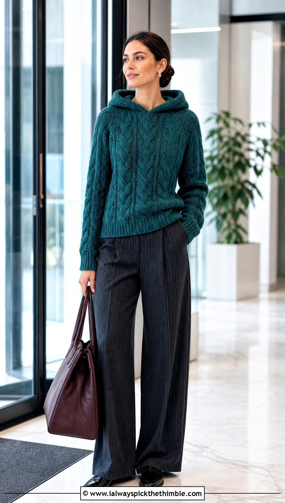 Cable Stitch Hooded Crochet Sweater With Pinstripe Trousers - 20 Hooded Crochet Sweater outfit ideas