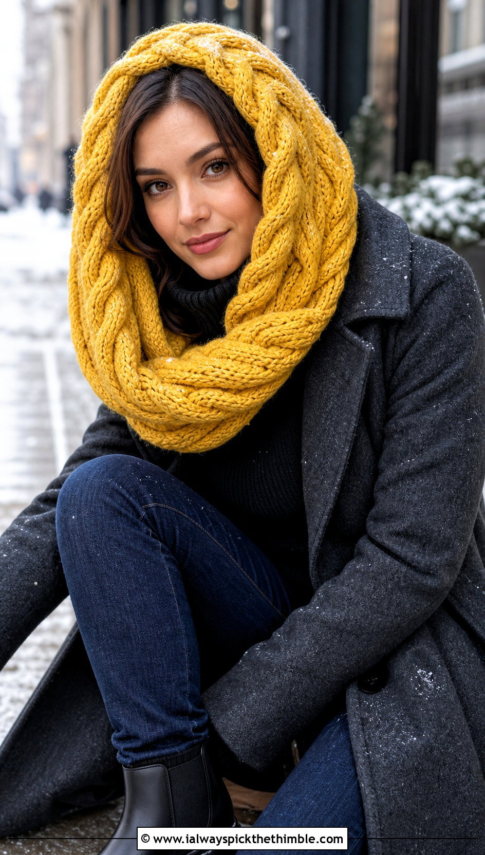 Cable Stitch Hooded Infinity Scarf With Wool Coat - 15 crochet infinity scarf with hood outfit ideas