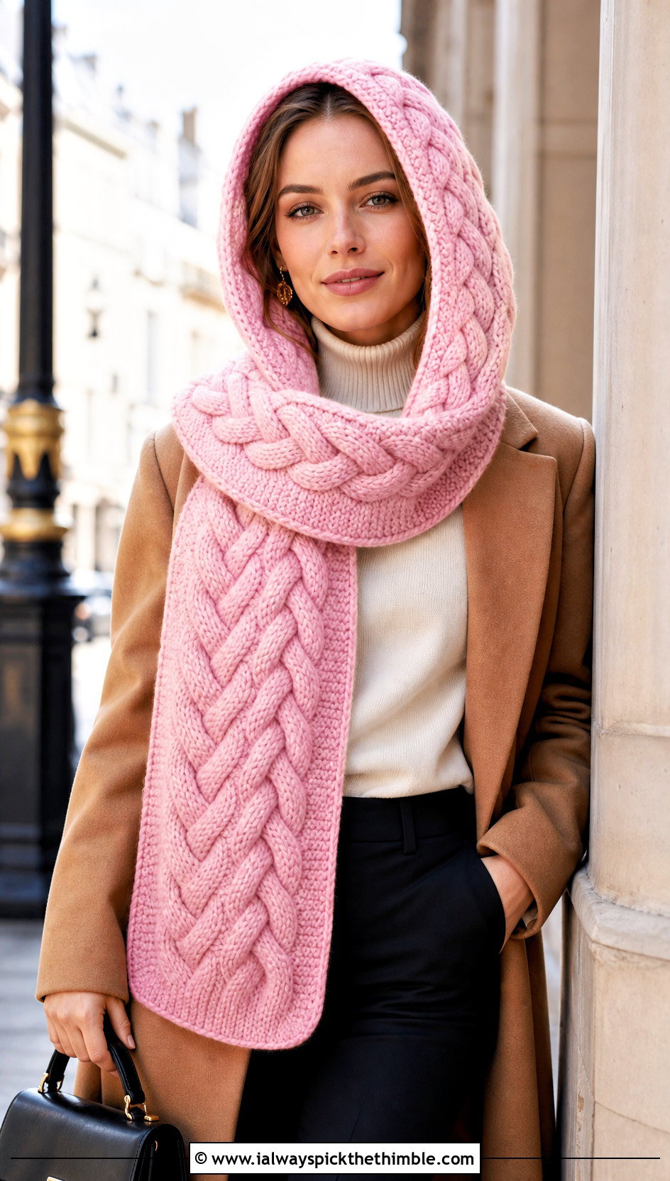 Cable Stitch Hooded Scarf With Camel Coat - 25 crochet hood scarf outfit ideas