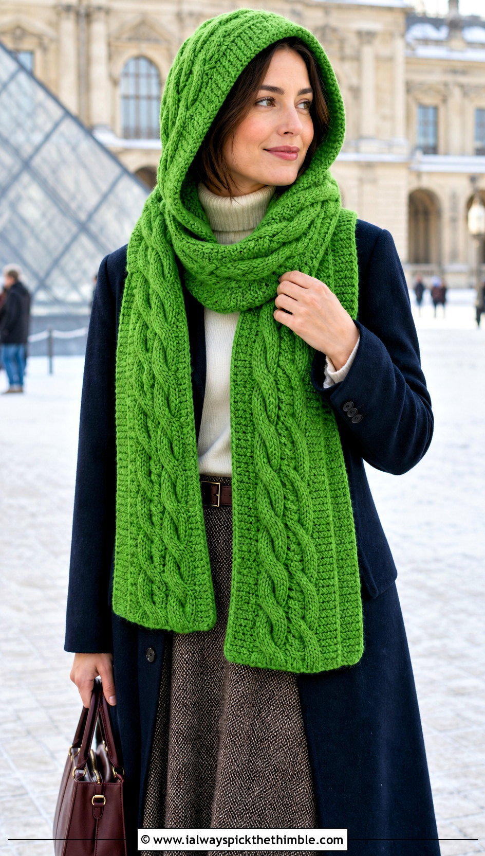 Cable Stitch Hooded Scarf With Wool Coat And Midi Skirt - 25 crochet hooded scarf outfit ideas
