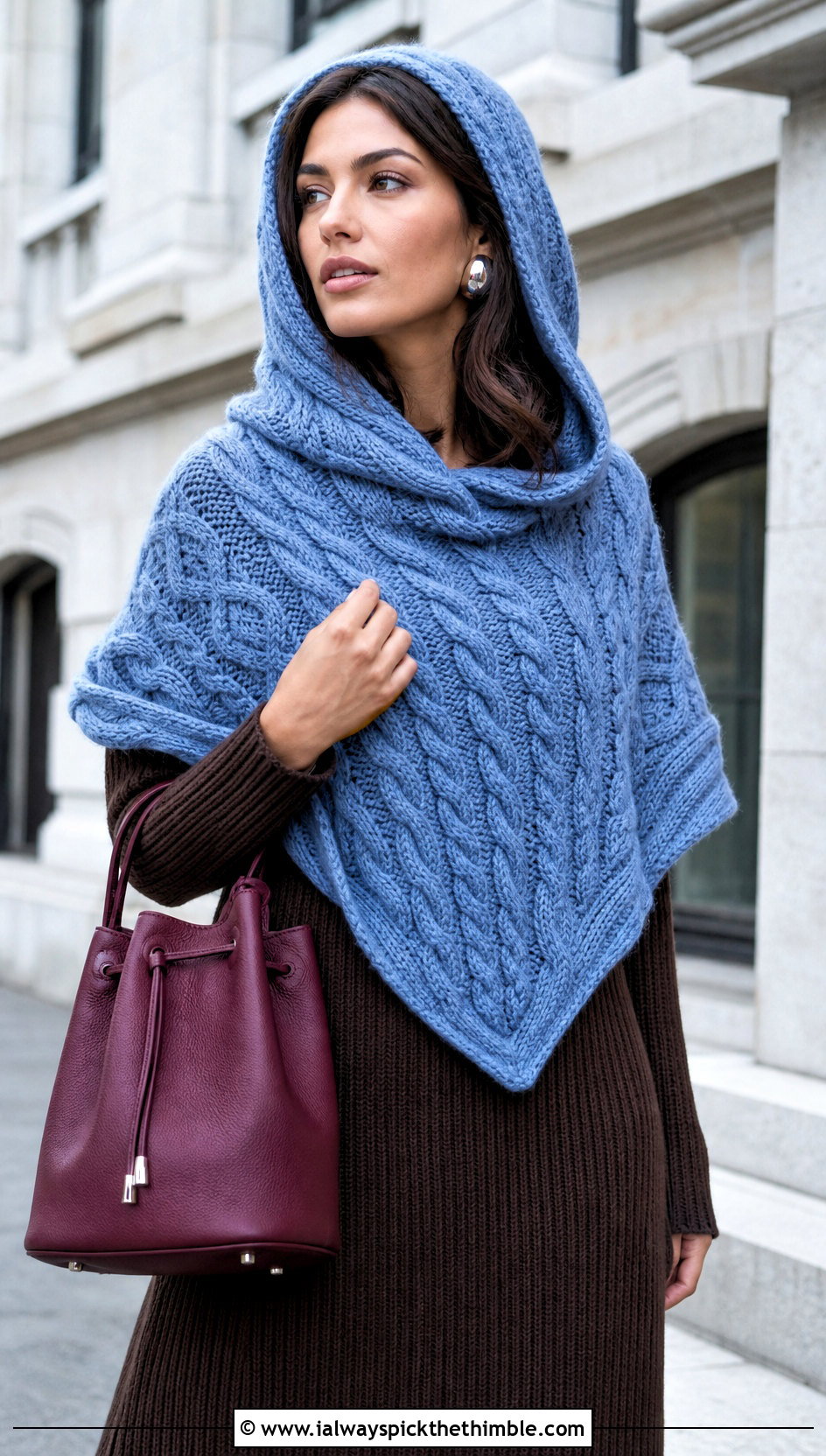 Cable Stitch Hooded Triangle Crochet Shawl With Column Knit Dress - 20 Hooded Triangle Crochet Shawl outfit ideas