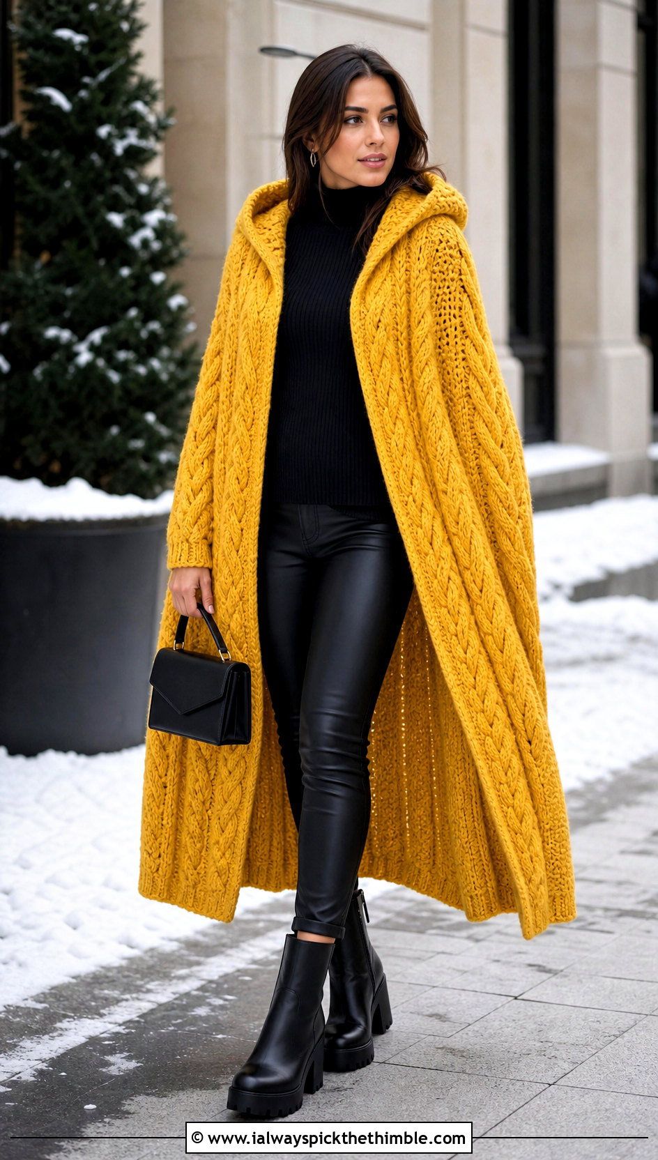 Cable Stitch Long Hooded Crochet Cape With Leather Leggings - 20 Long Hooded Crochet Cape outfit ideas