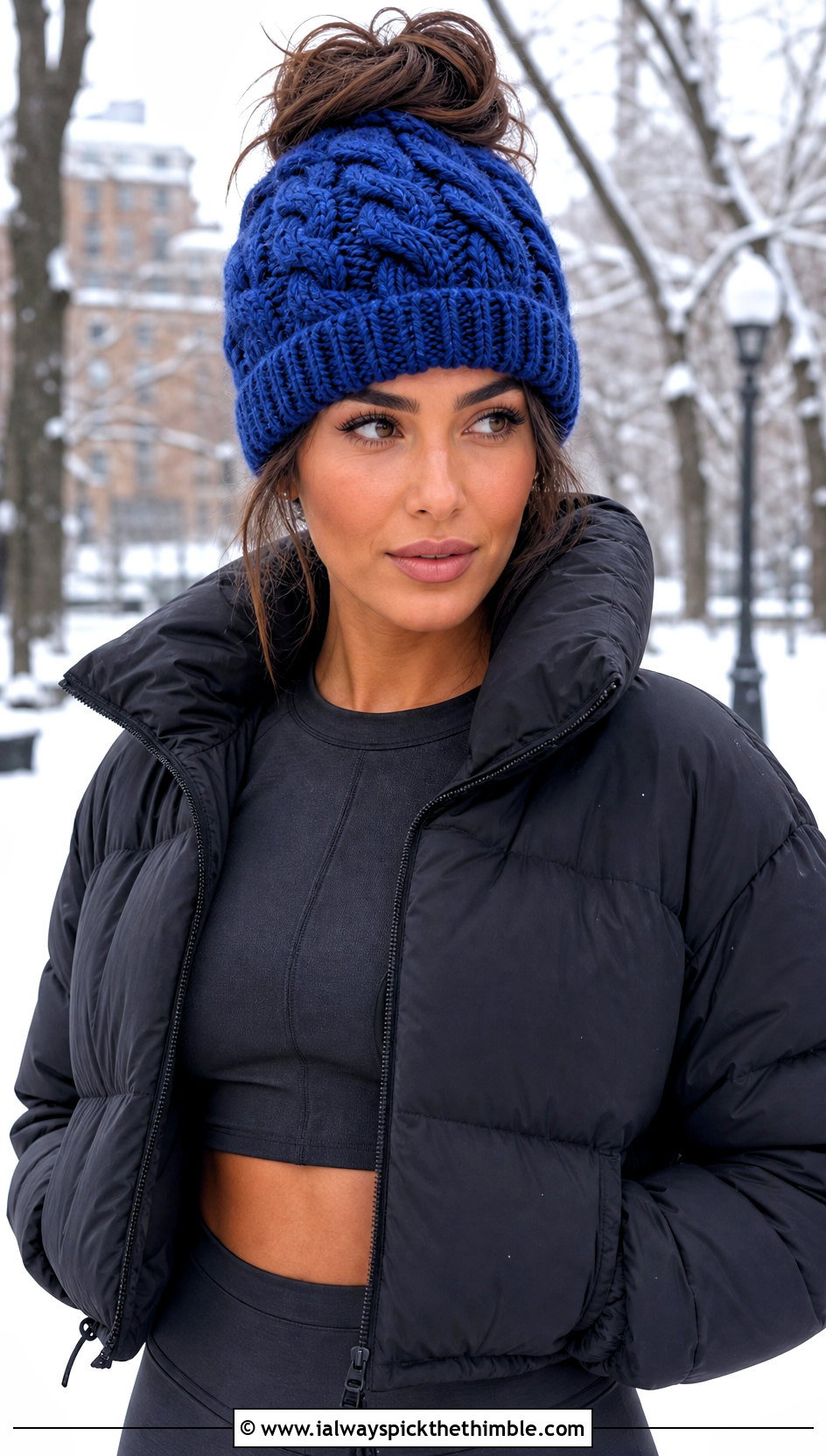 Cable Stitch Messy Bun Crochet Hat With Puffer Jacket - 20 messy bun crochet hat with hair tie outfit ideas