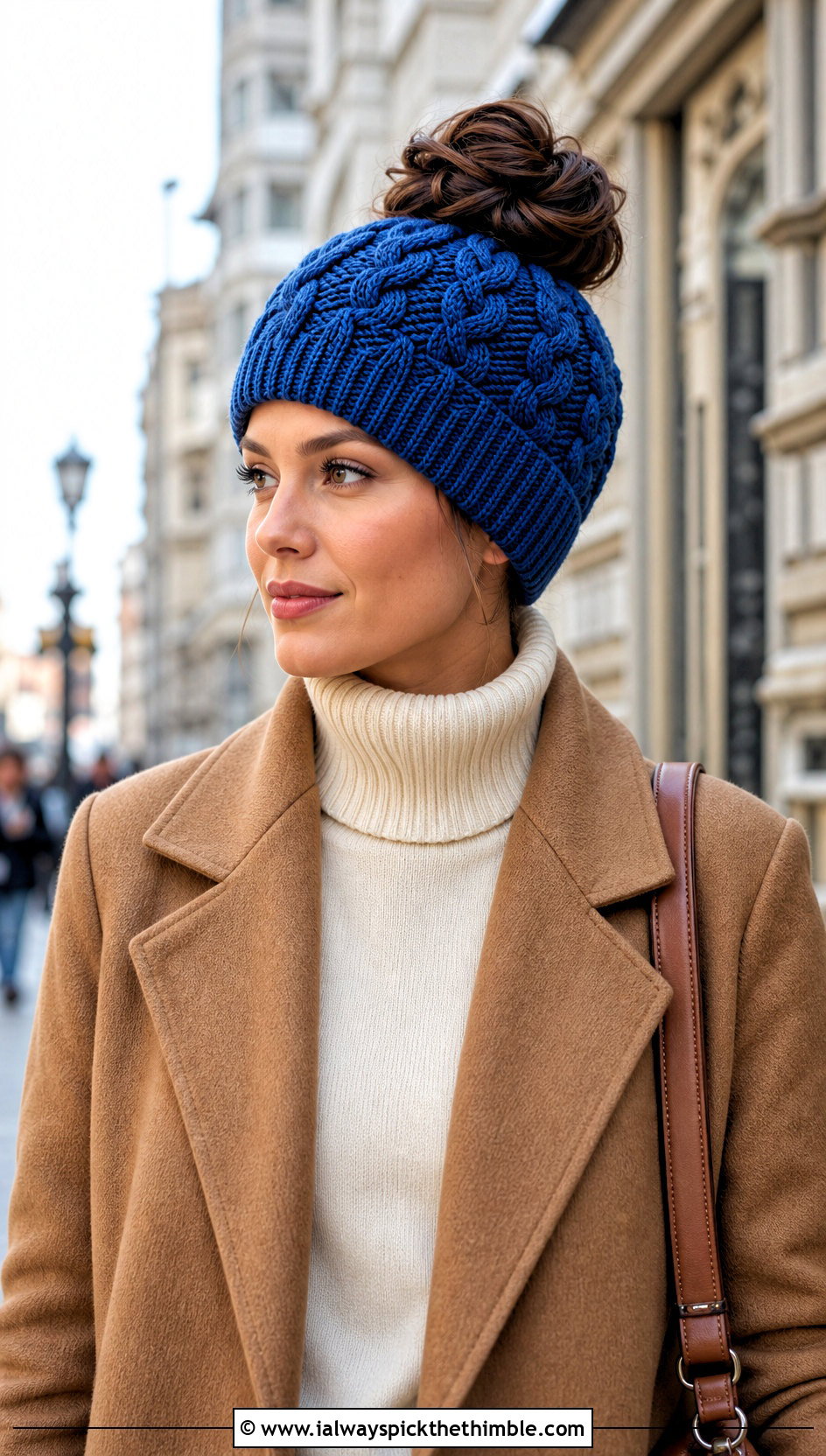 Cable Stitch Messy Bun Crochet Hat With Wool Coat - 20 Messy Bun Crochet Hat outfit ideas