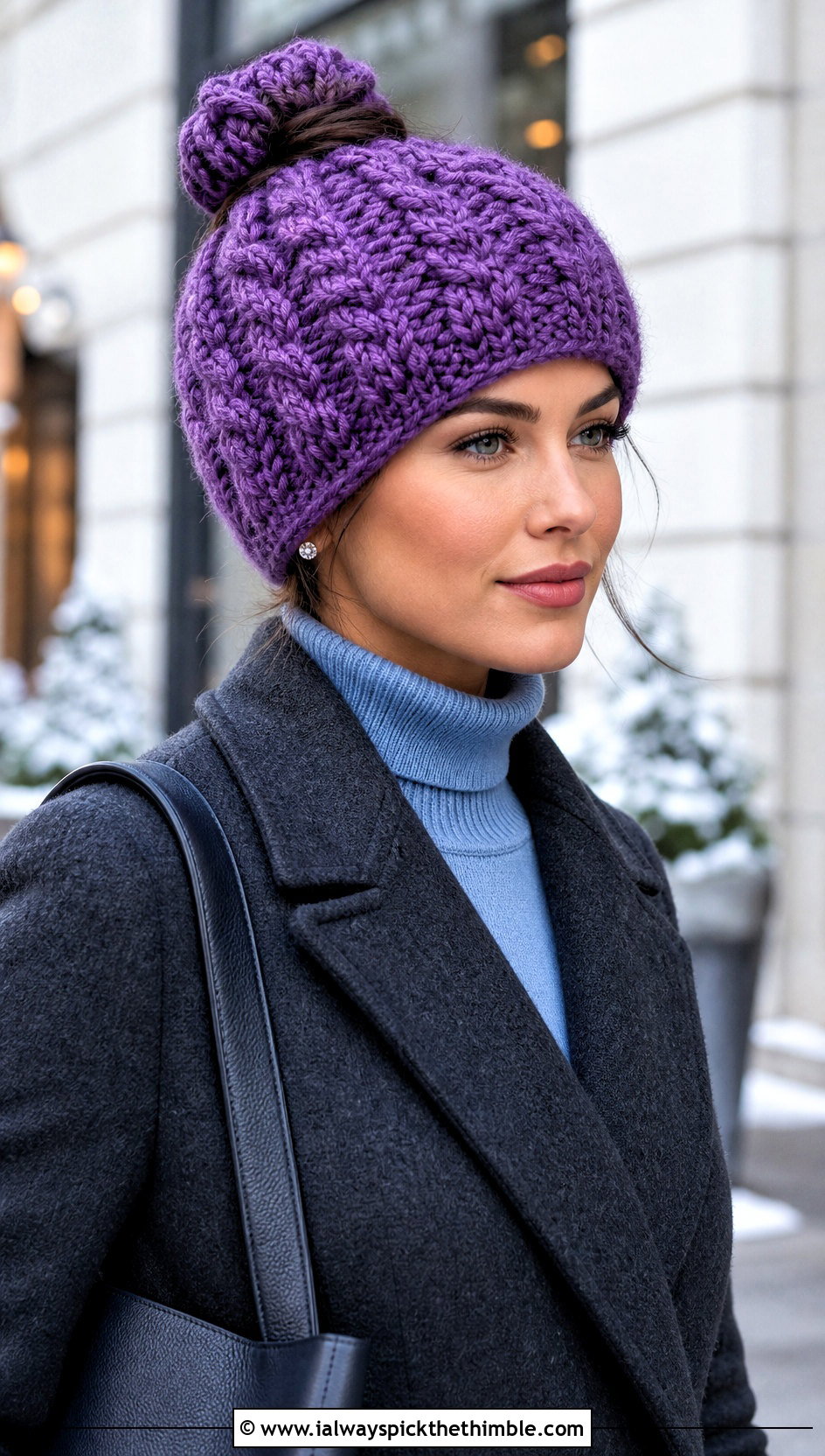 Cable Stitch Messy Bun Crochet Hat With Wool Coat - 20 Easy Messy Bun Crochet Hat outfit ideas