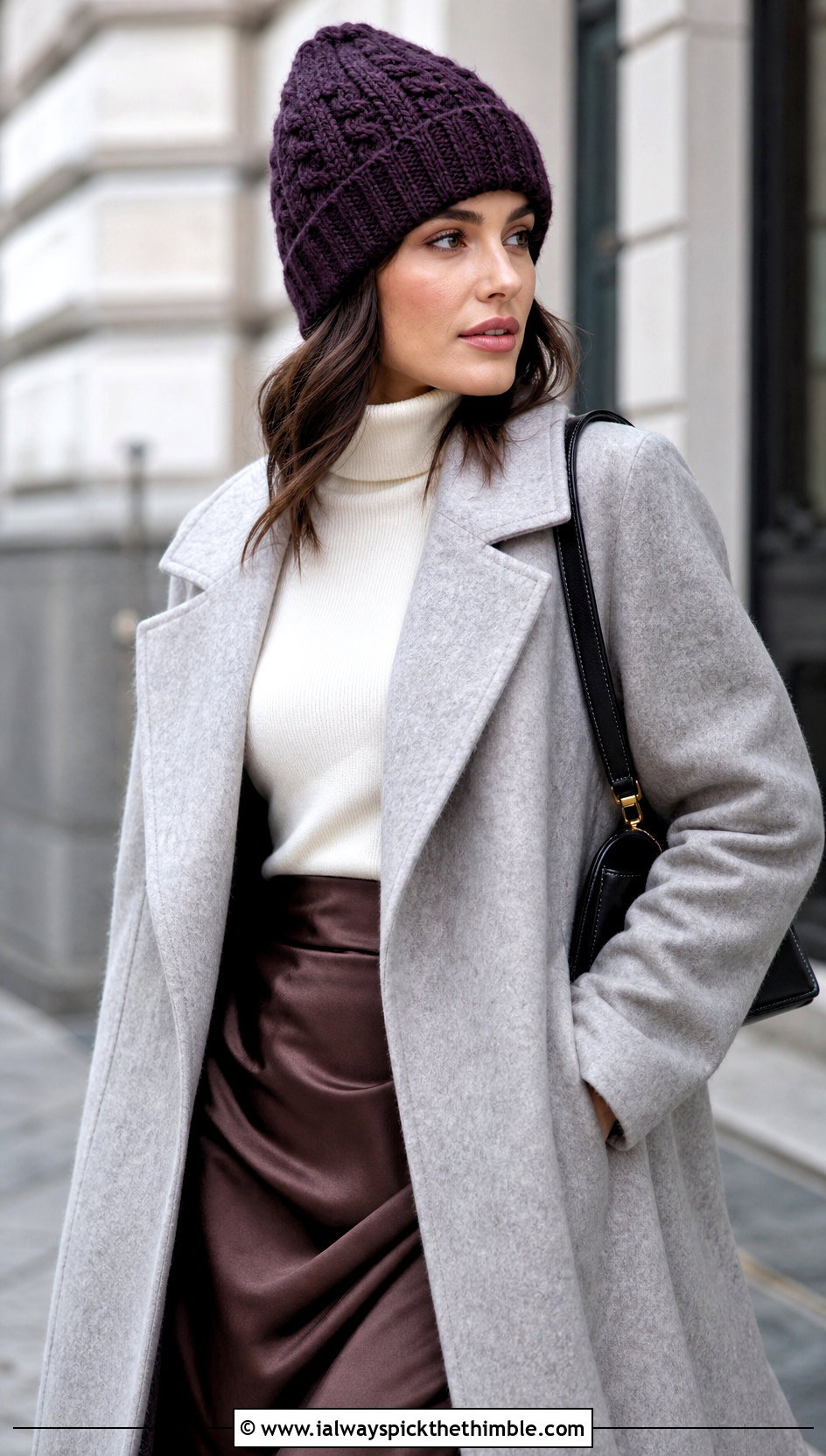 Cable Stitch One Skein Crochet Beanie With Wool Coat And Satin Skirt - 20 one skein crochet hat outfit ideas