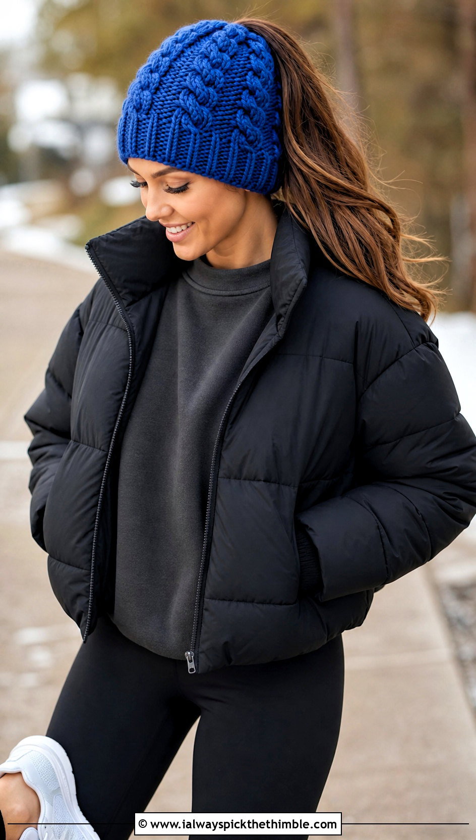 Cable Stitch Ponytail Beanie With Puffer Jacket - 15 bun crochet hat outfit ideas