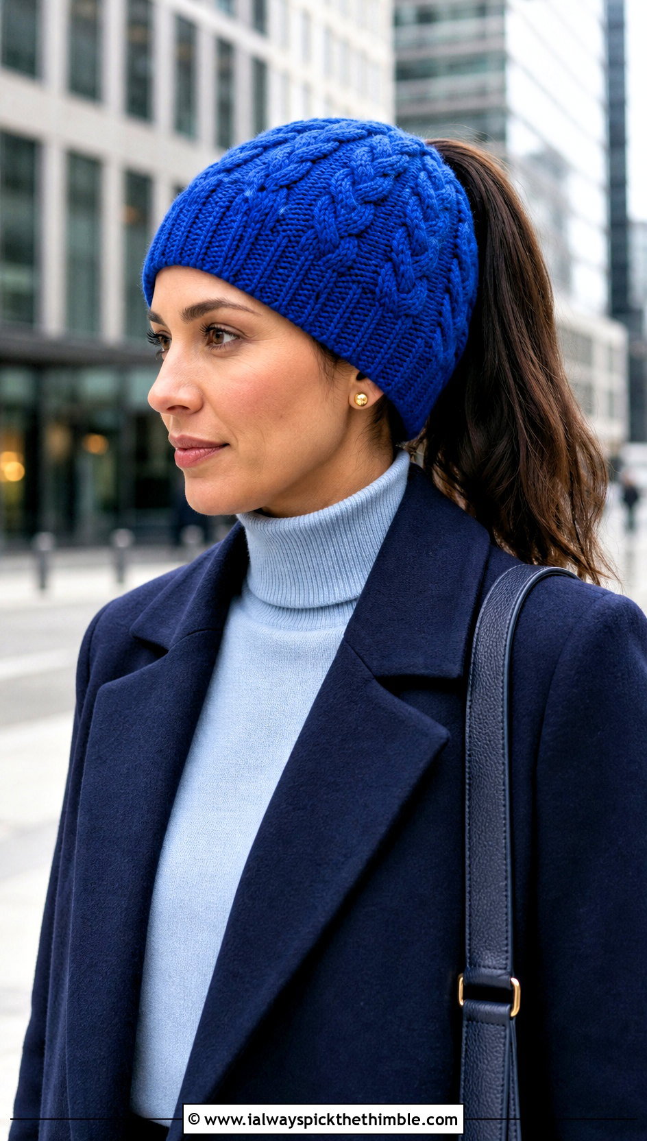 Cable Stitch Ponytail Crochet Beanie With Tailored Coat - 20 crochet beanie with ponytail hole outfit ideas
