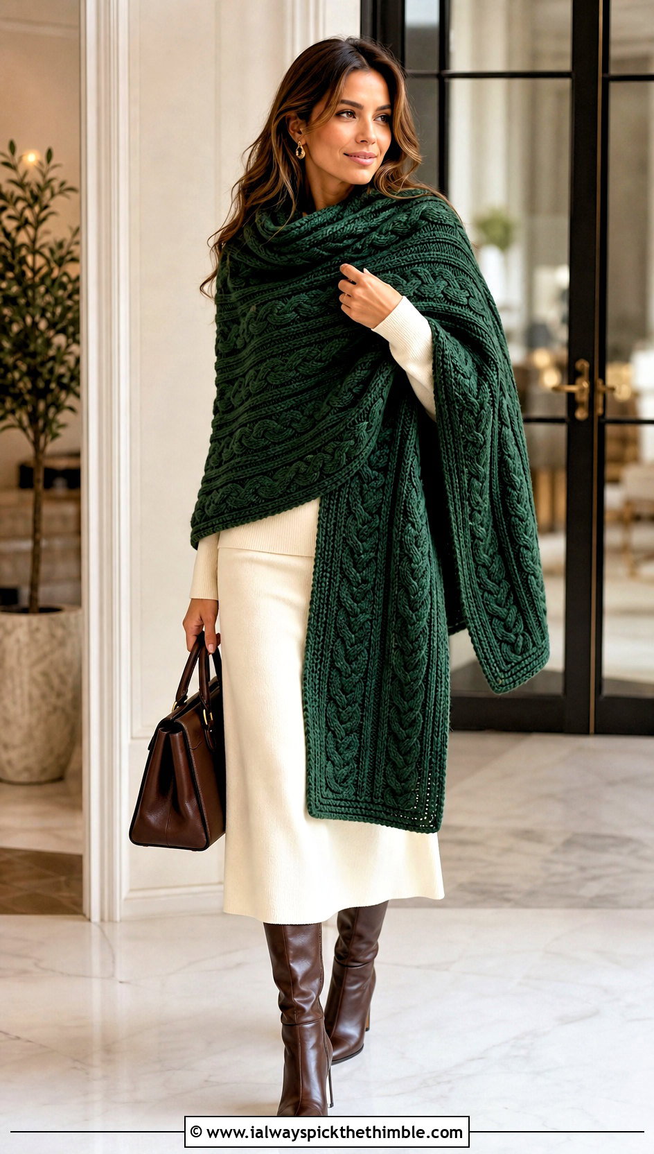 Cable Stitch Rectangle Crochet Shawl With Knit Set - 20 Easy Crochet Rectangle Shawl outfit ideas