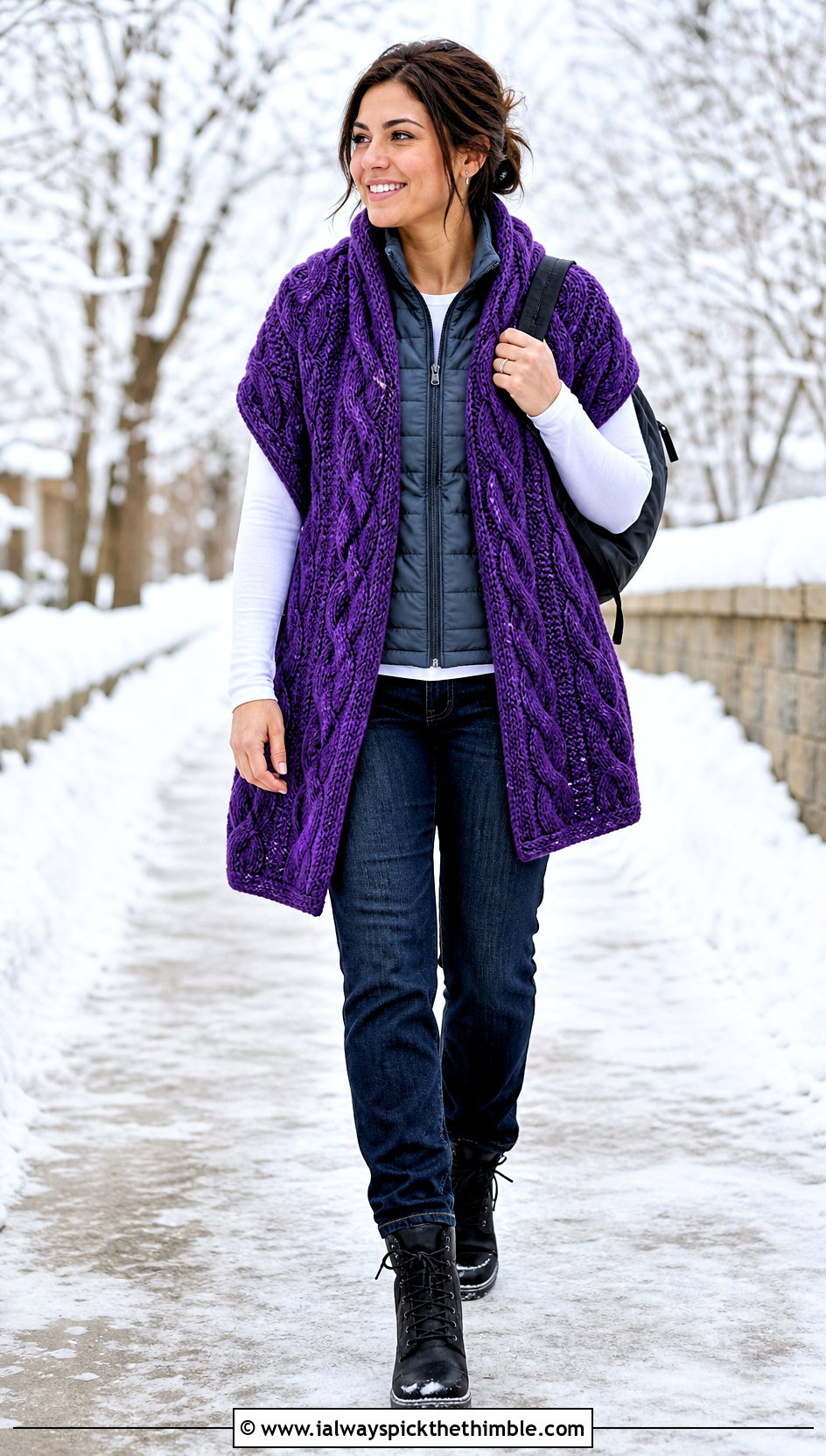 Cable Stitch Rectangle Crochet Wrap With Puffer Vest - 20 Rectangle Crochet Wrap outfit ideas