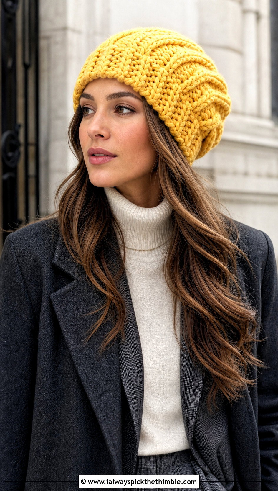 Cable Stitch Slouch Crochet Beanie With Wool Coat - 20 slouch crochet beanie outfit ideas