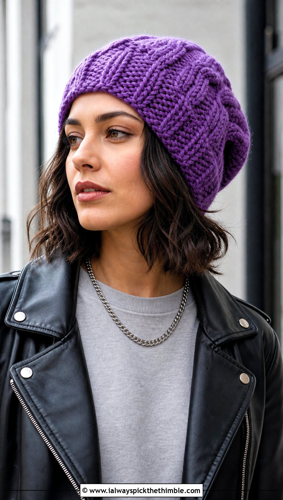 Cable Stitch Slouchy Crochet Beanie With Leather Jacket - 15 Crochet Textured Beanie outfit ideas