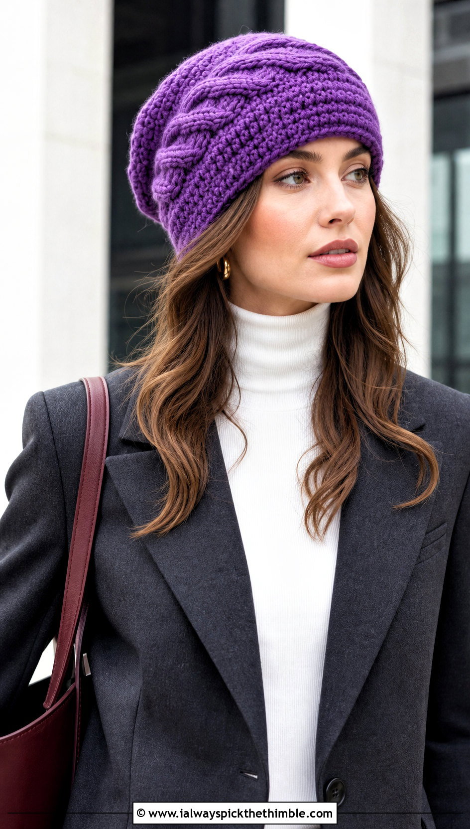 Cable Stitch Slouchy Crochet Beanie With Tailored Blazer - 25 slouchy crochet beanie outfit ideas