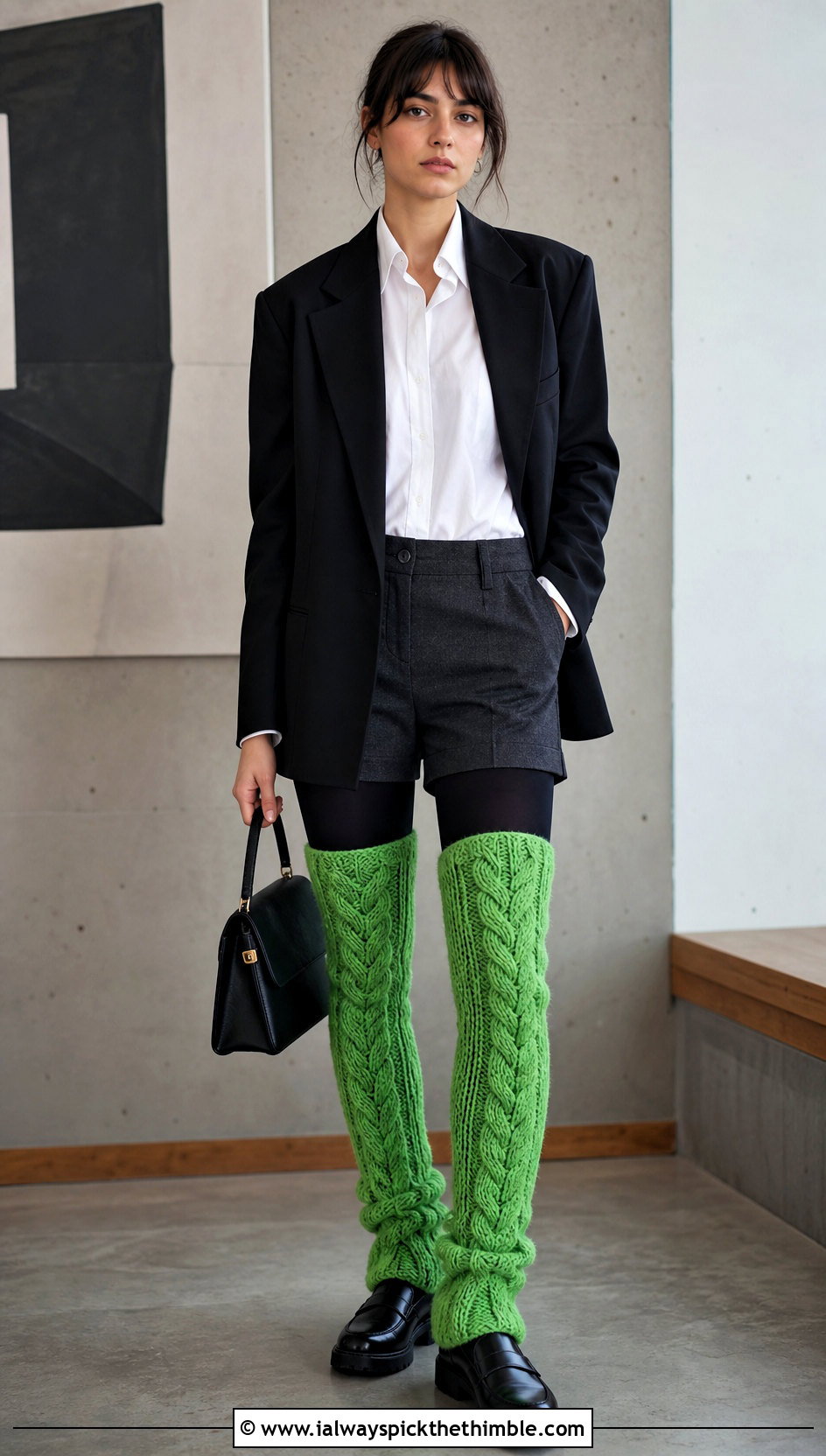 Cable Stitch Thigh High Crochet Leg Warmers With Tailored Shorts - 20 Thigh High Crochet Leg Warmers outfit ideas