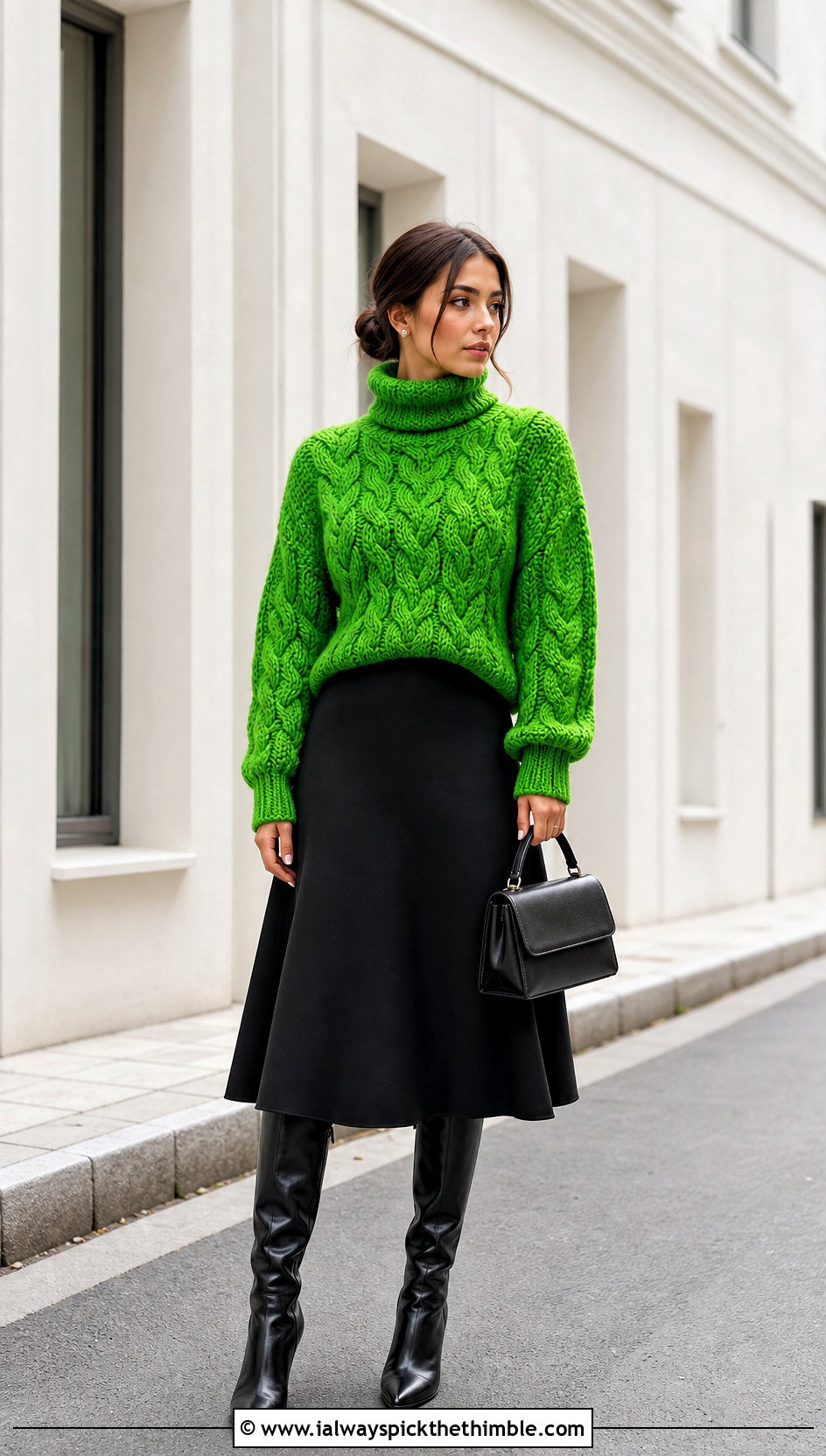 Cable Stitch Turtleneck Crochet Pullover With Midi Skirt - 20 women crochet pullover outfit ideas
