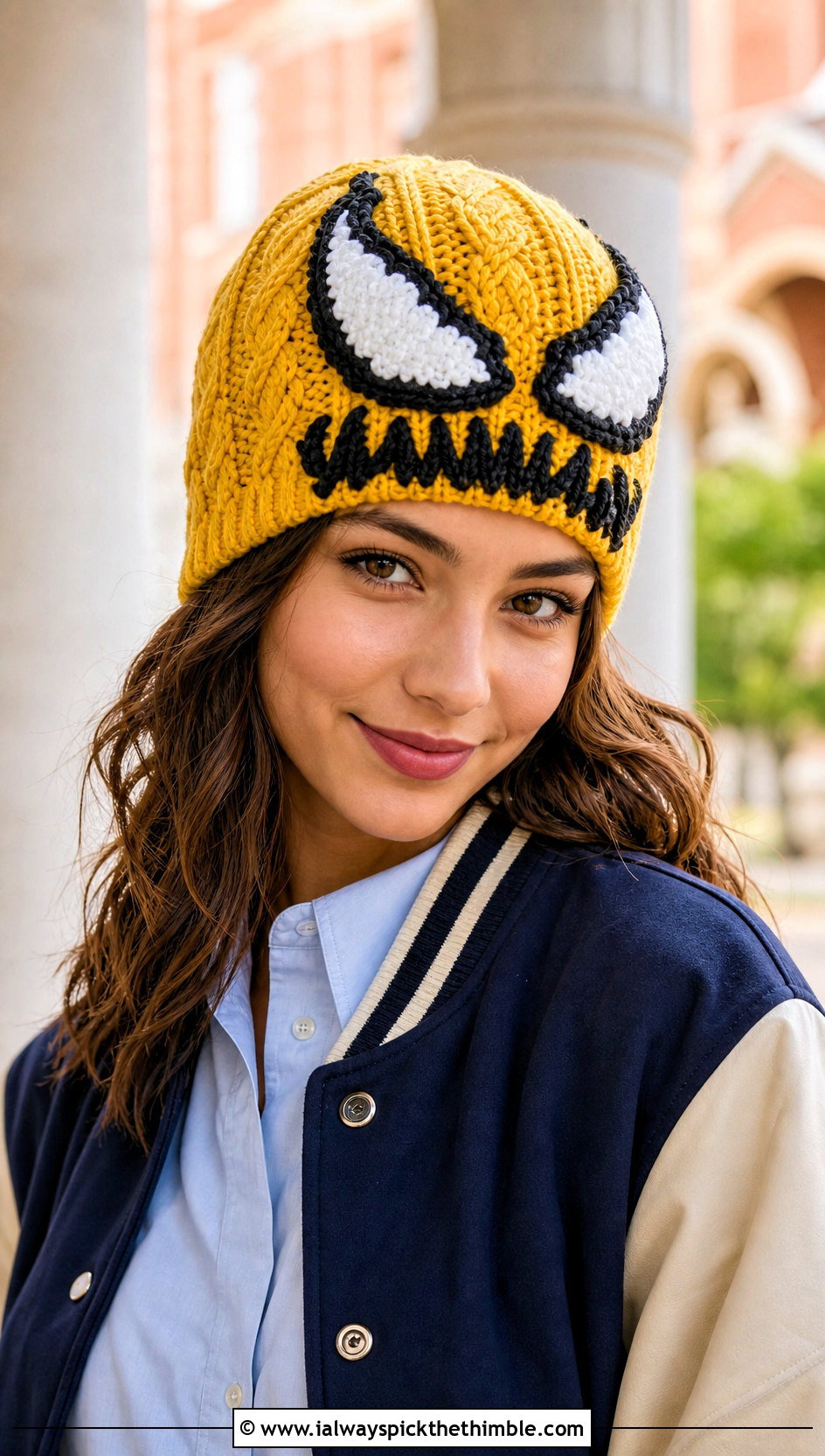 Cable Stitch Venom Crochet Beanie With Varsity Jacket - 20 venom crochet beanie outfit ideas