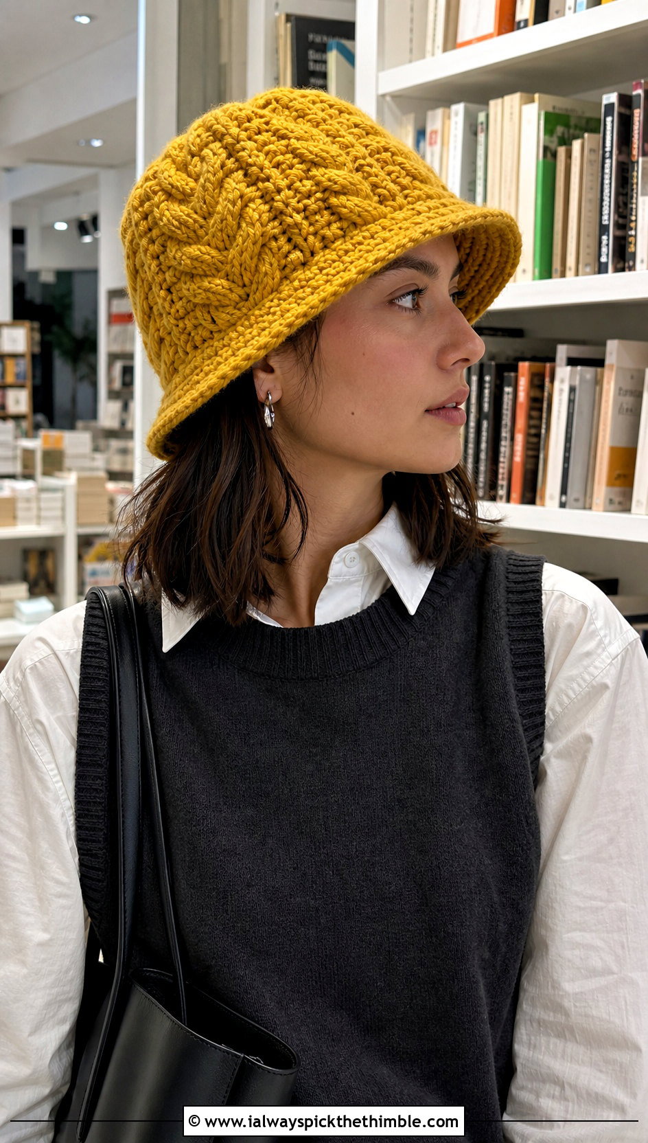 Cable Stitch Yellow Crochet Bucket Hat With Sweater Vest - 20 yellow crochet bucket hat outfit ideas