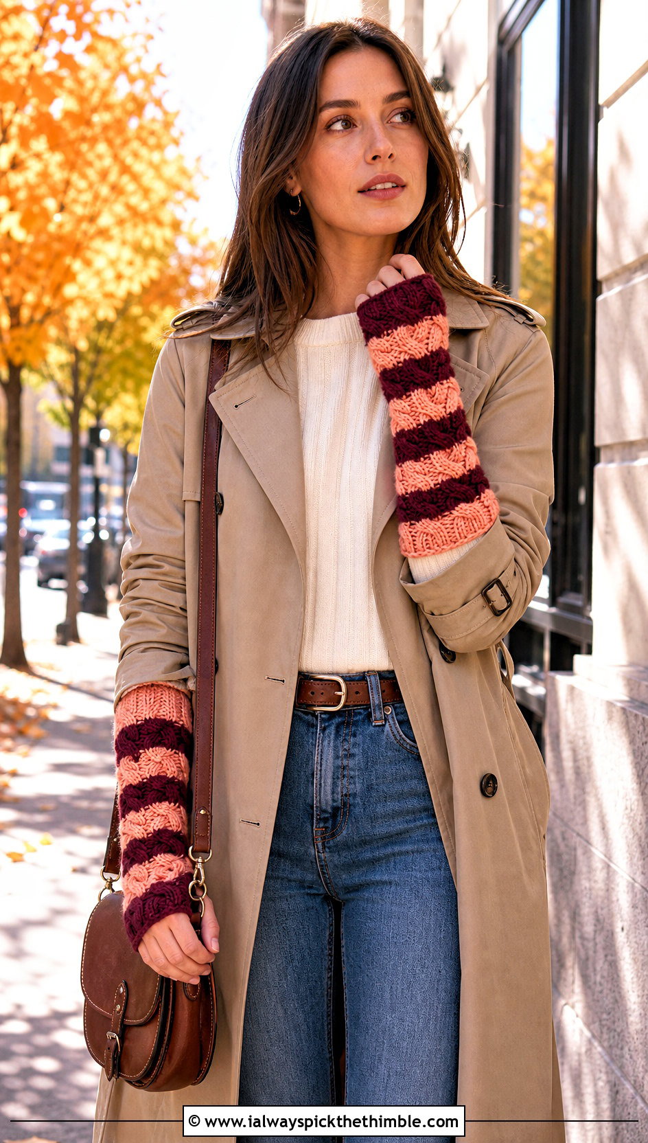 Cable Stripe Crochet Arm Warmers With Trench Coat - 15 Striped Crochet Arm Warmers outfit ideas