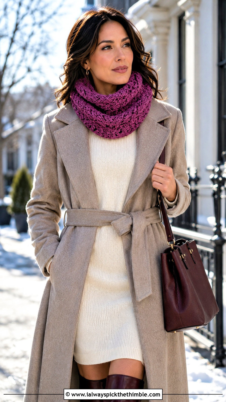 Cable Texture 1 Skein Crochet Cowl With Sweater Dress - 15 1 Skein Crochet Cowl outfit ideas