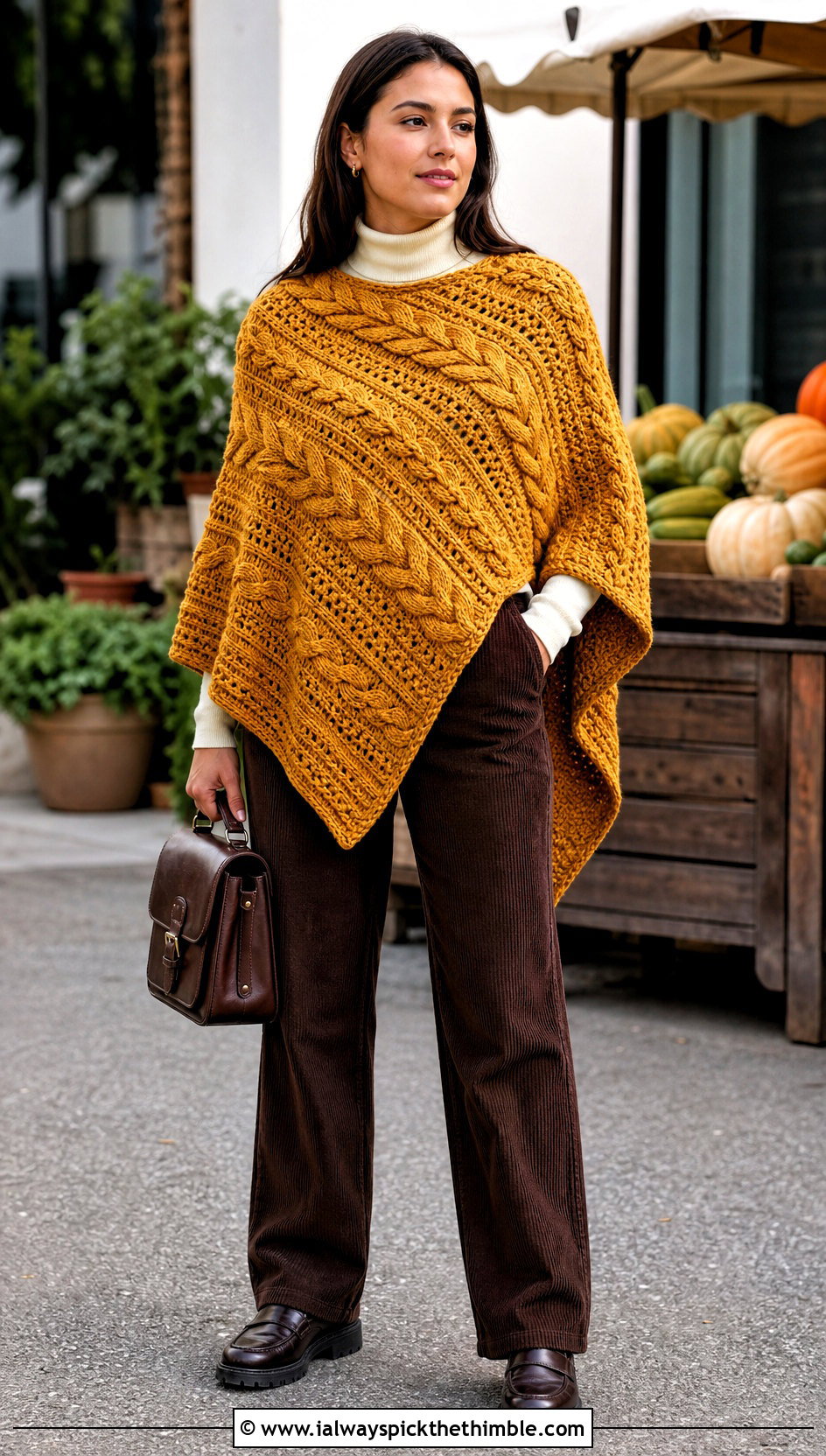 Cable Texture Blanket Crochet Poncho With Corduroy Pants - 15 Blanket Crochet Poncho outfit ideas