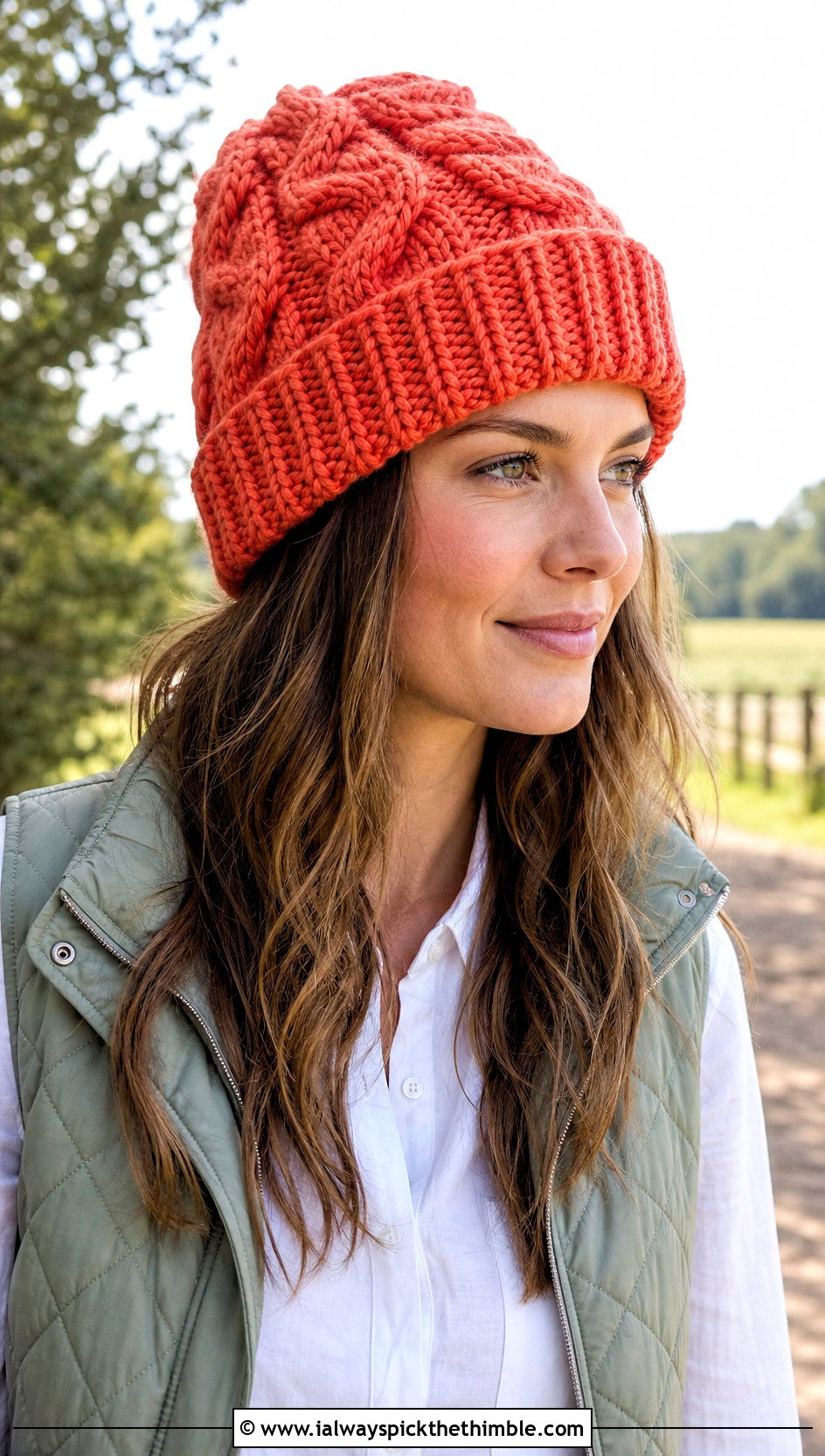 Cable Texture Bulky Crochet Beanie With Quilted Vest - 15 Easy Bulky Crochet Hat outfit ideas