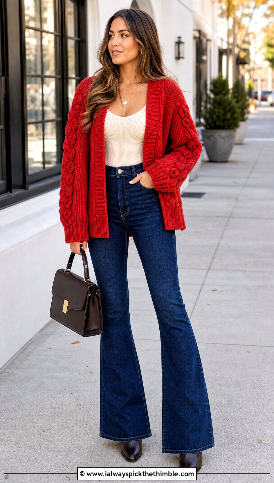 Cable Texture Bulky Crochet Cardigan With Flared Jeans - 20 Bulky Crochet Cardigan outfit ideas