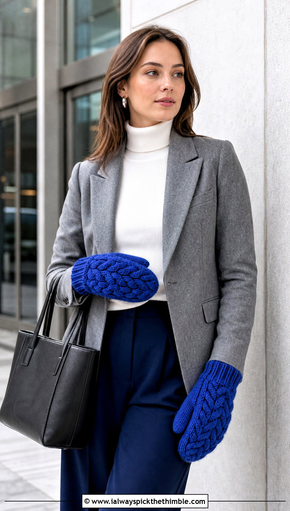 Cable Texture Bulky Crochet Mittens With Blazer And Wide Leg Pants - 15 Bulky Crochet Mittens outfit ideas